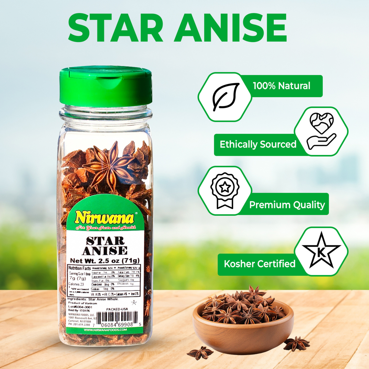 Nirwana Star Anise – 2.5oz Small Jar | Premium Whole Star Anise for Cooking & Spice Blends