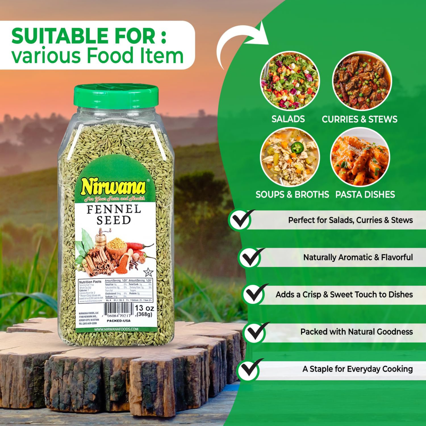 Nirwana Fennel Seeds – 13 oz Medium Jar | Premium Whole Seeds for Cooking & Spice Blends