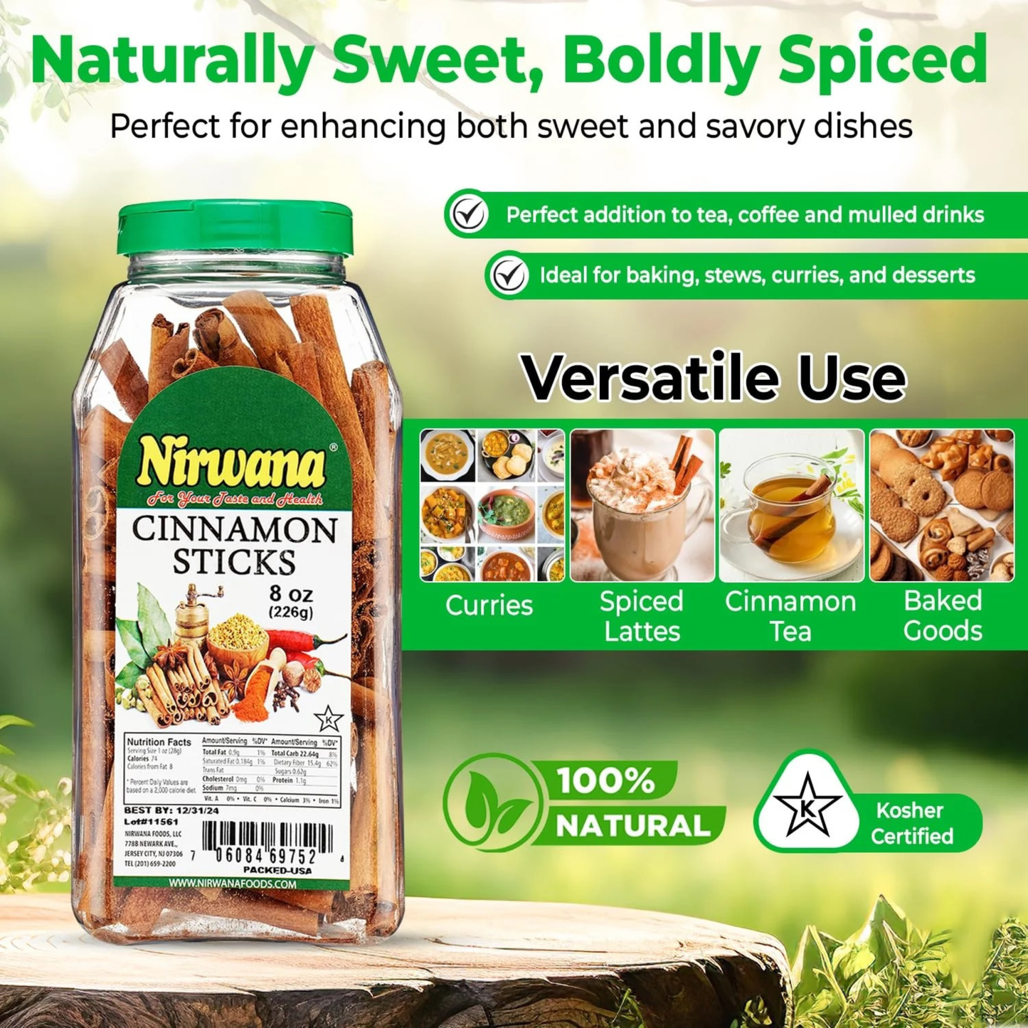 Nirwana Cinnamon Sticks – 8oz Medium Jar | Premium Whole Cinnamon for Cooking & Spice Blends