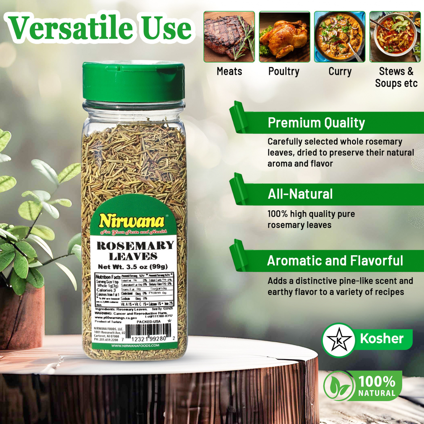 Nirwana Rosemary Leaves – 3.5oz Small Jar | Premium Dried Rosemary for Cooking & Spice Blends