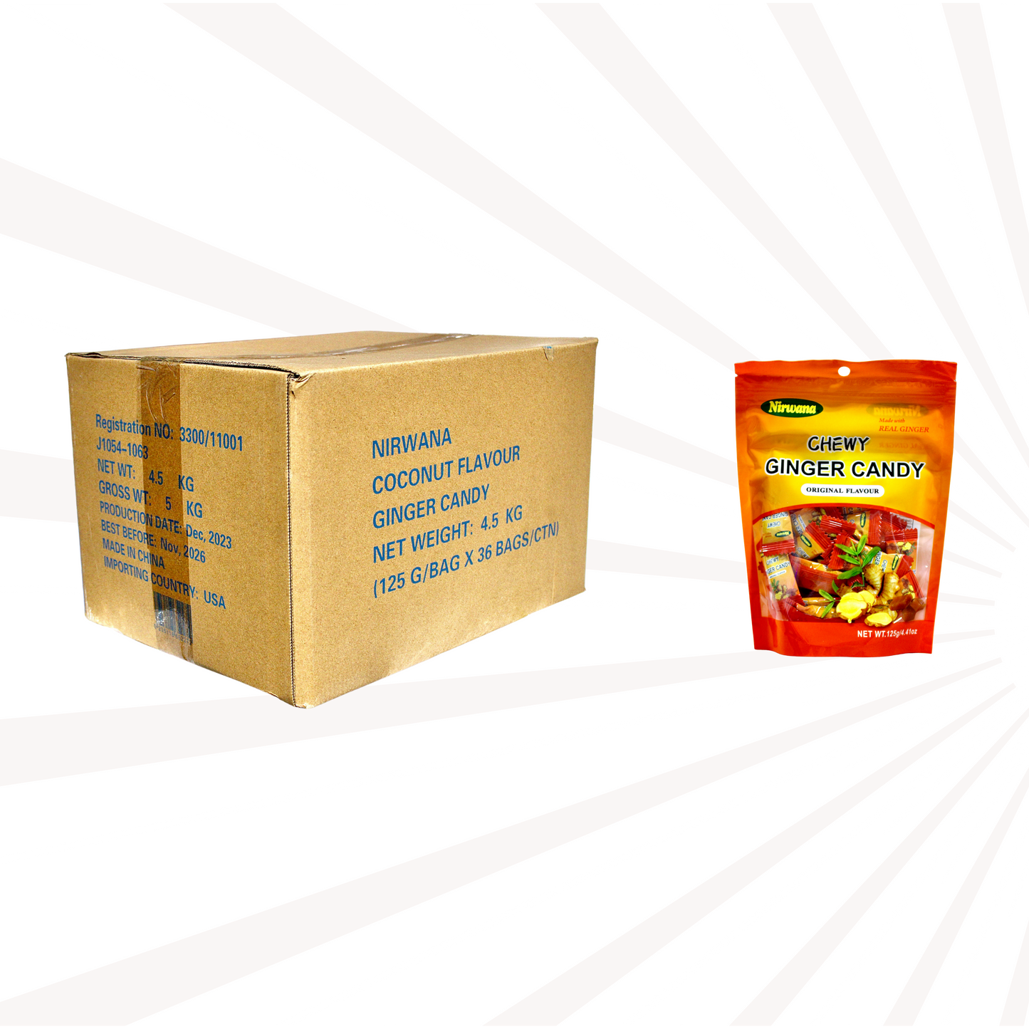 Master Case – Nirwana Ginger Candy – Original, Chewy Sweet & Spicy & Coconut Flavors – Individually Wrapped for Freshness – Bulk Natural Candy for Travel and Everyday Enjoyment 125g/4.02oz Each