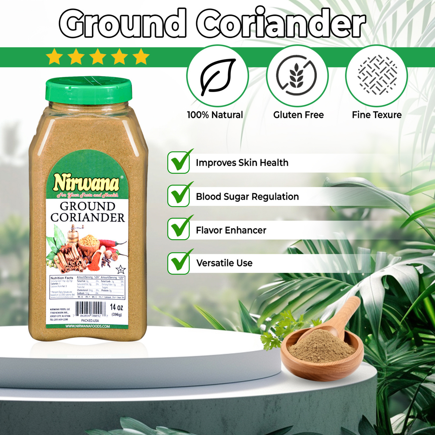 Nirwana Coriander Powder – 14oz Medium Jar | Premium Ground Coriander for Cooking & Spice Blends
