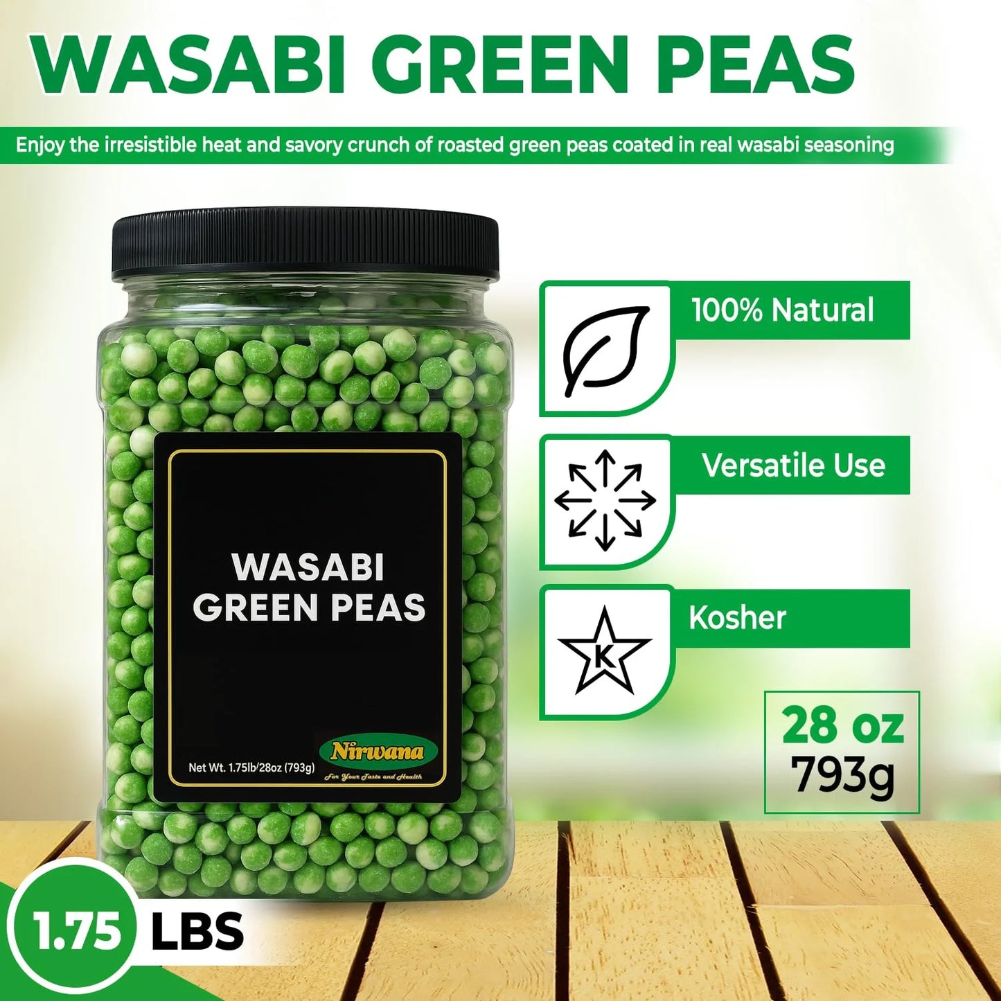 Nirwana Wasabi Green Peas – Crunchy & Spicy Snack (Large Jar)