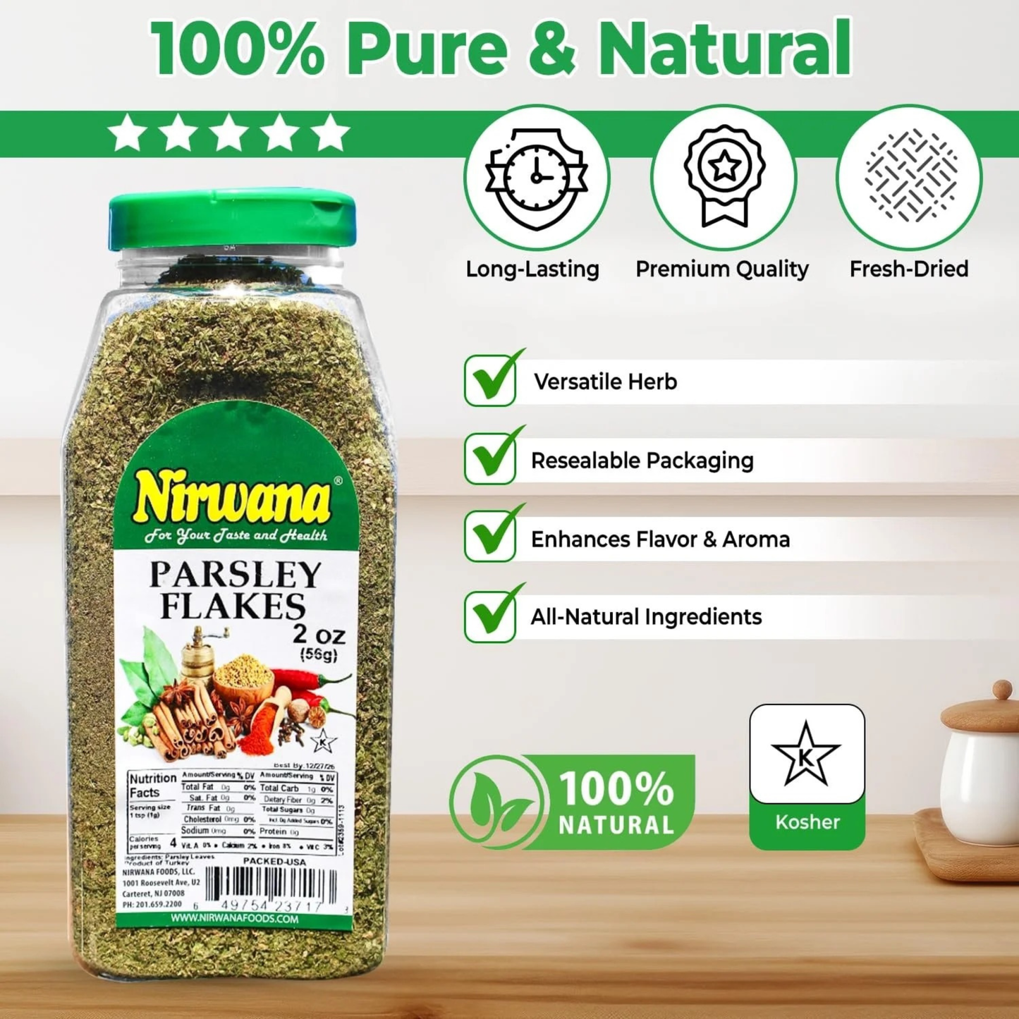 Nirwana Parsley Flakes – 2oz Medium Jar | Premium Dried Parsley for Cooking & Spice Blends