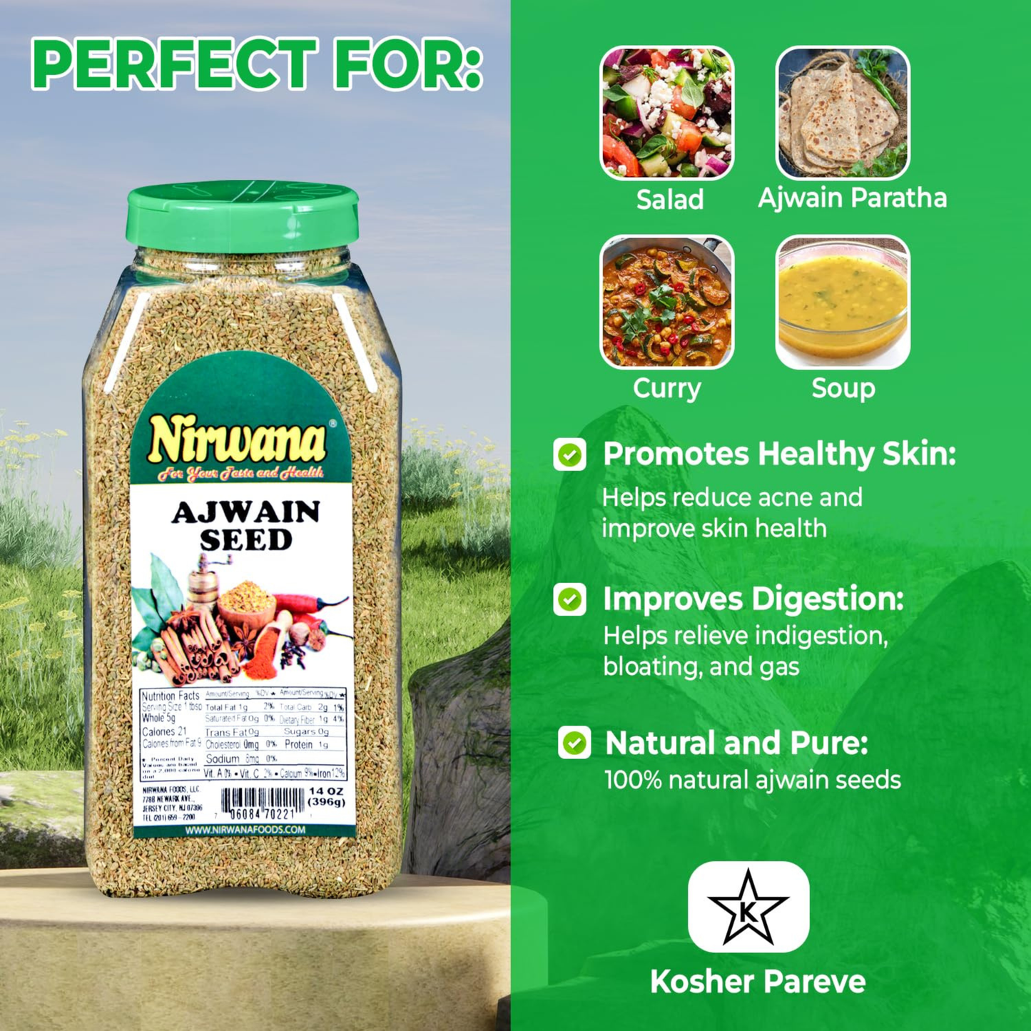 Nirwana Ajwain Seeds – 14oz Medium Jar | Premium Whole Ajwain for Cooking & Spice Blends