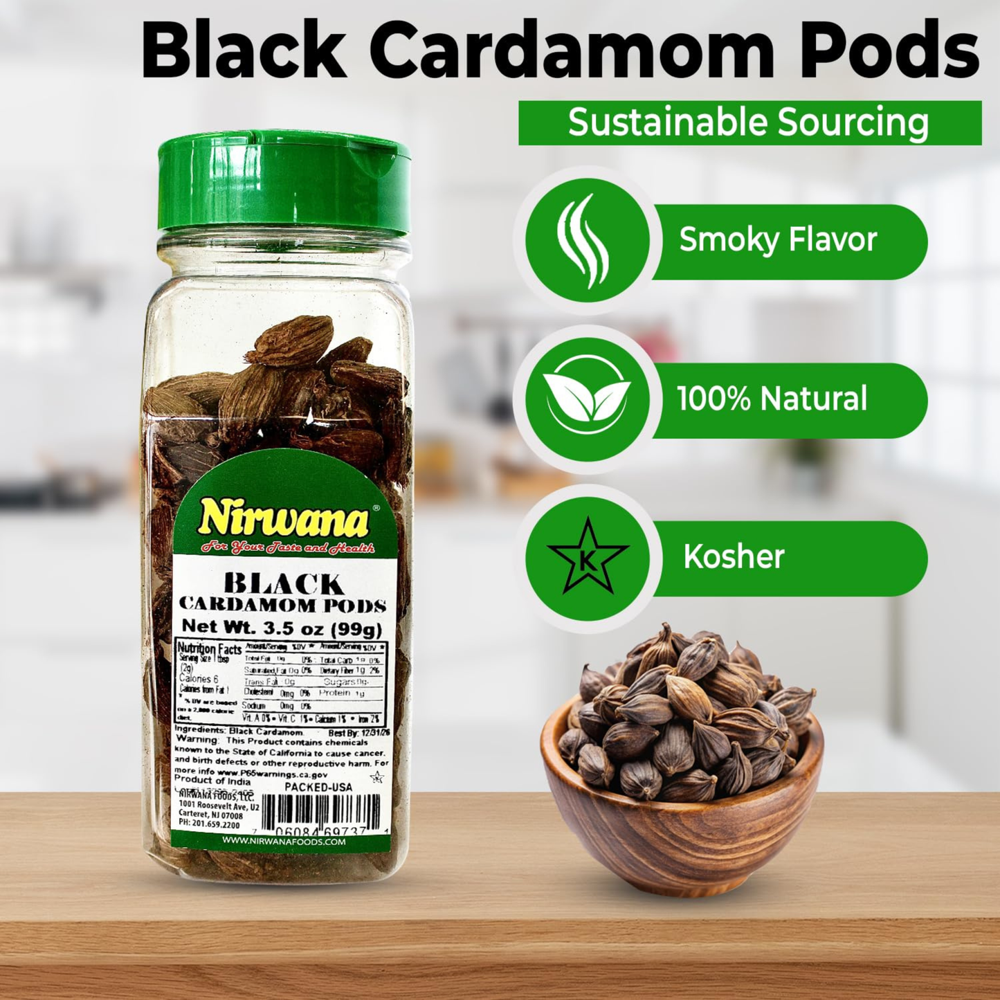 Nirwana Black Cardamom – 3.5 oz Small Jar | Premium Whole Cardamom Pods for Cooking & Spice Blends