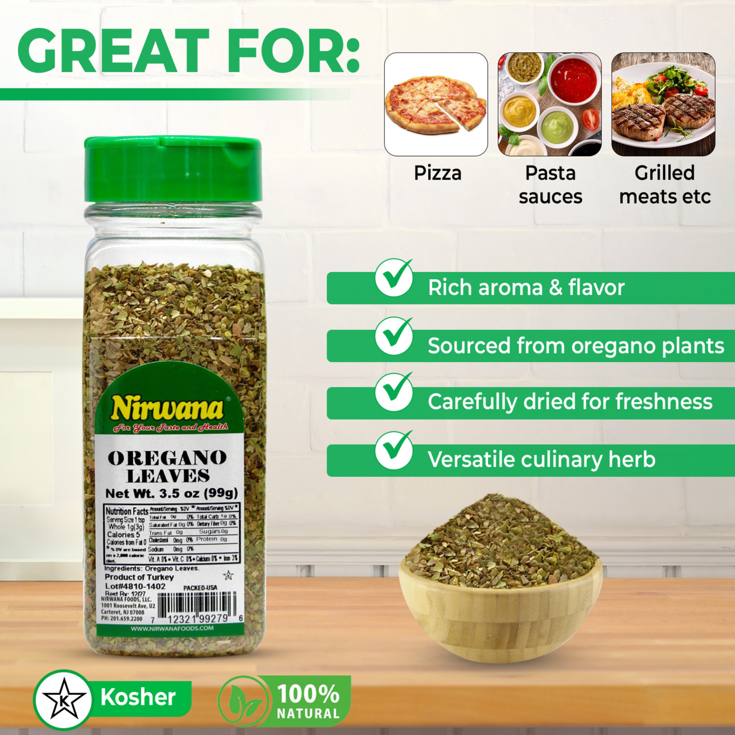 Nirwana Oregano Leaves – 3.5oz Small Jar | Premium Dried Oregano for Cooking & Spice Blends