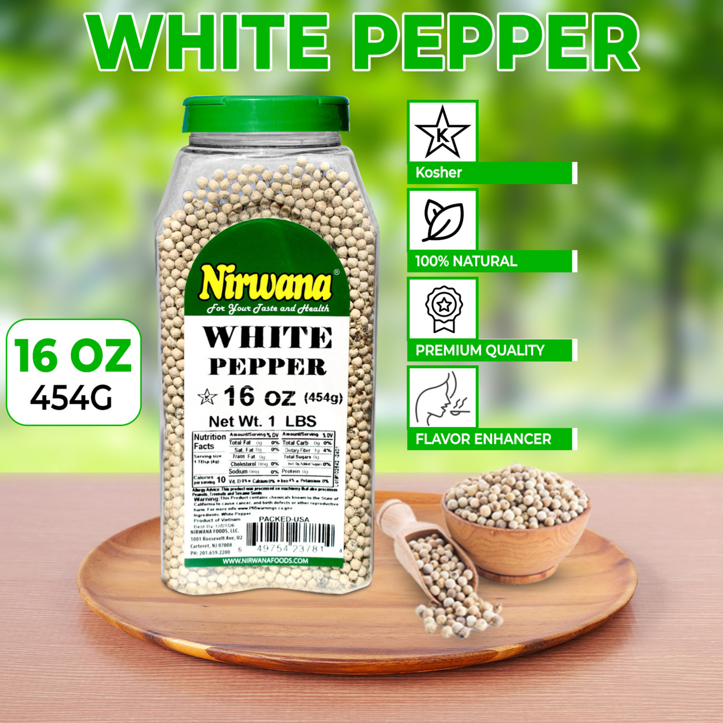 Nirwana White Pepper Whole – 16oz Medium Jar | Premium Whole White Pepper for Cooking & Spice Blends
