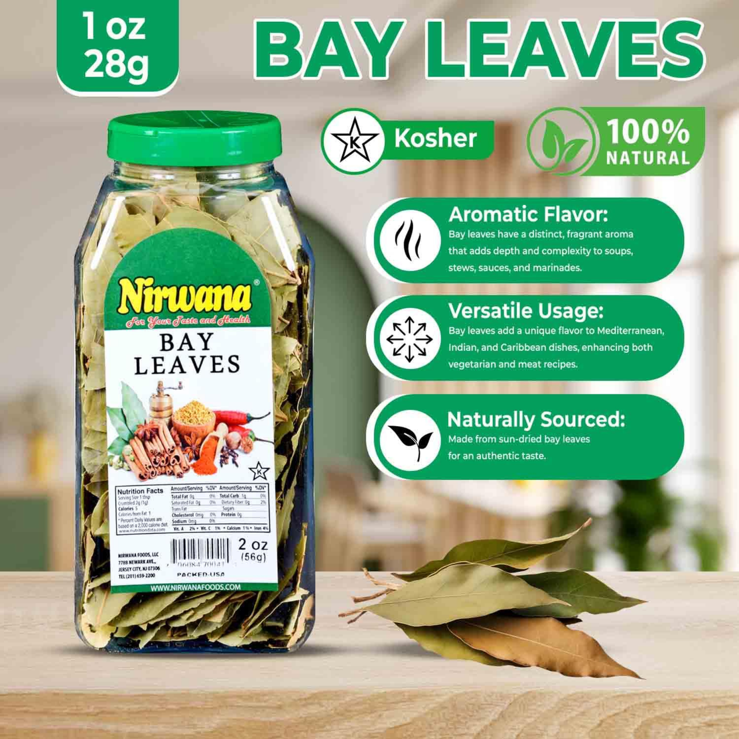 Nirwana Bay Leaves – 2oz Medium Jar | Premium Whole Bay Leaves for Cooking & Spice Blends