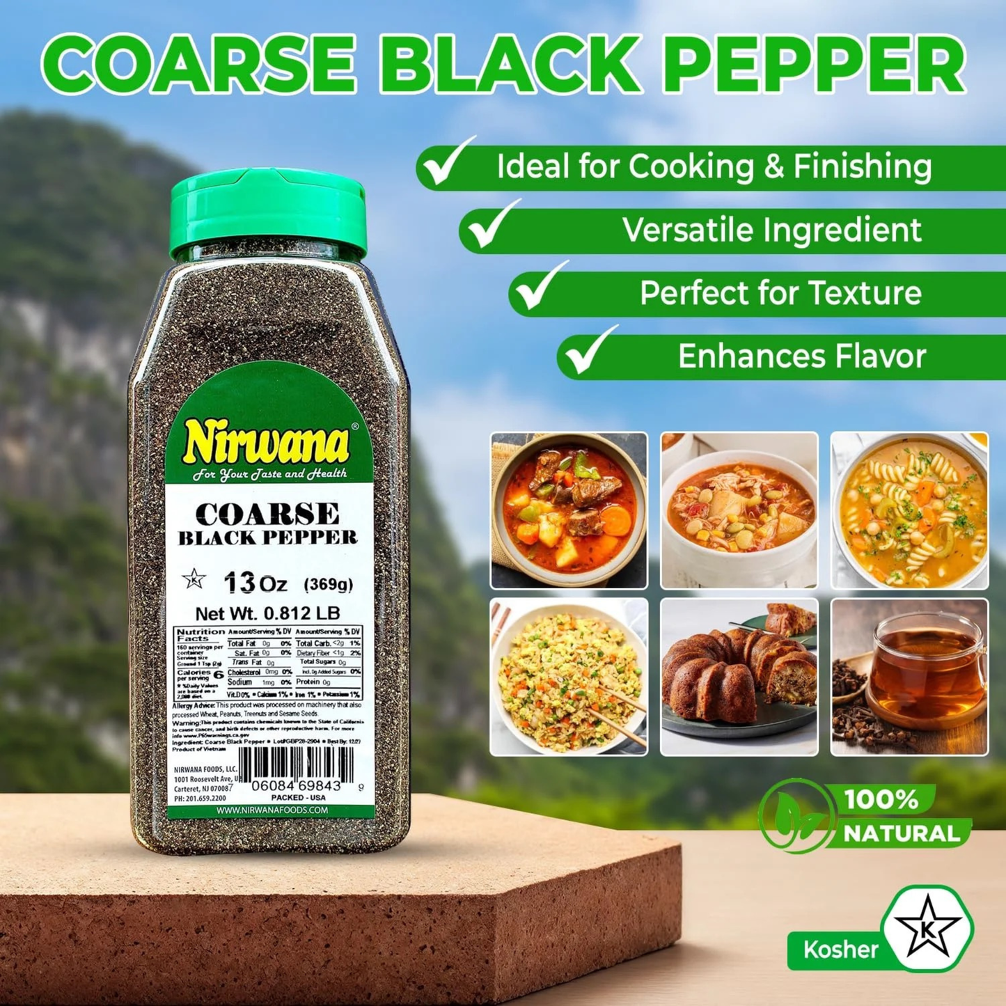 Nirwana Coarse Black Pepper – 13oz Medium Jar | Premium Cracked Black Pepper for Cooking & Seasoning