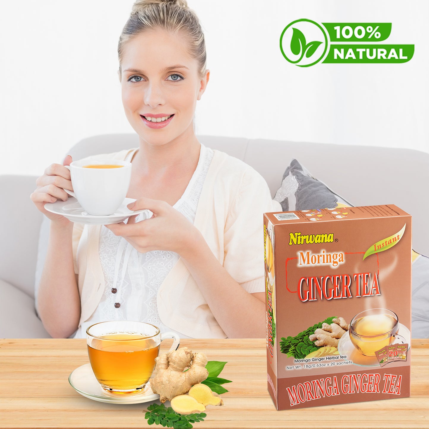 Nirwana Moringa Ginger Tea – 20 Instant Tea Sachets | Herbal Wellness Blend with Spices & Botanicals