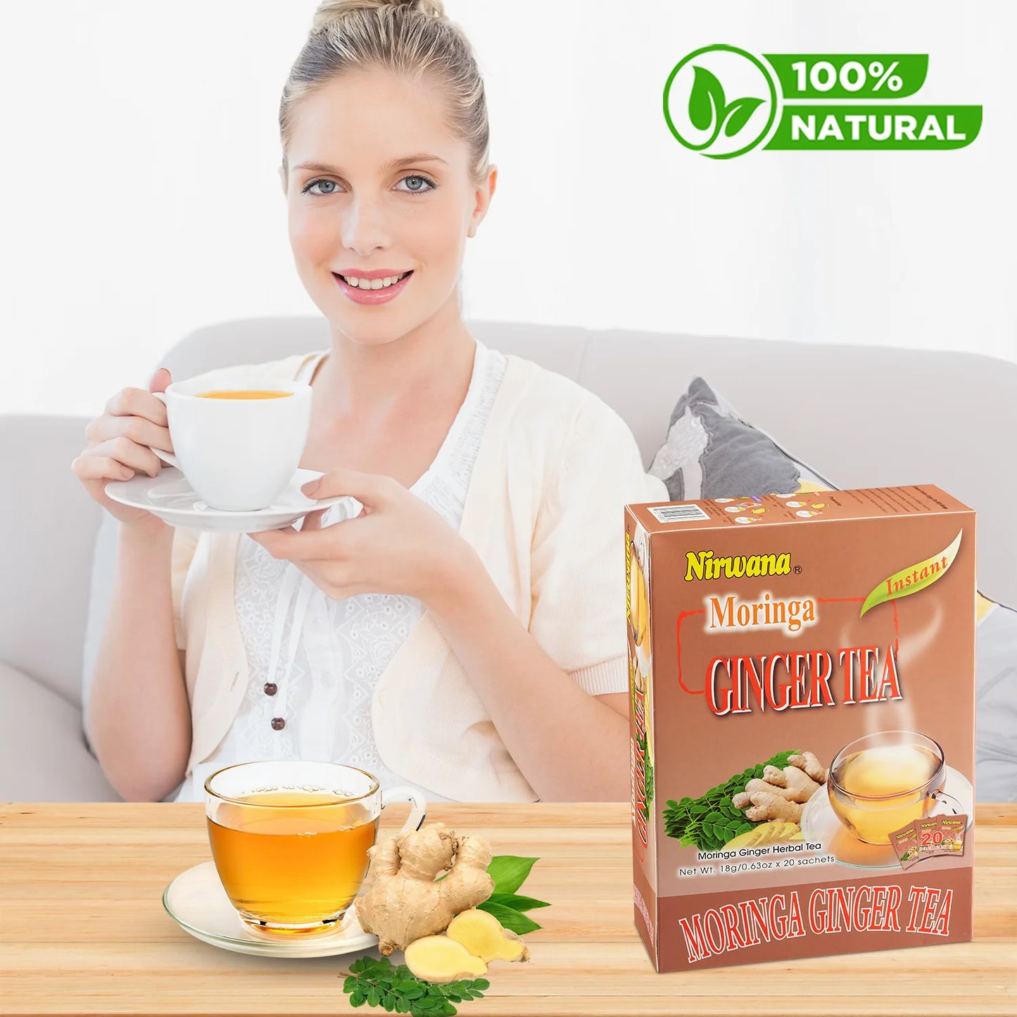 Nirwana Moringa Ginger Tea – Instant Herbal Tea Blend (10 & 20 Sachets) – Herbal Blend with Spices & Botanicals – Refreshing Loose Leaf & Tea Bags for Daily Wellness