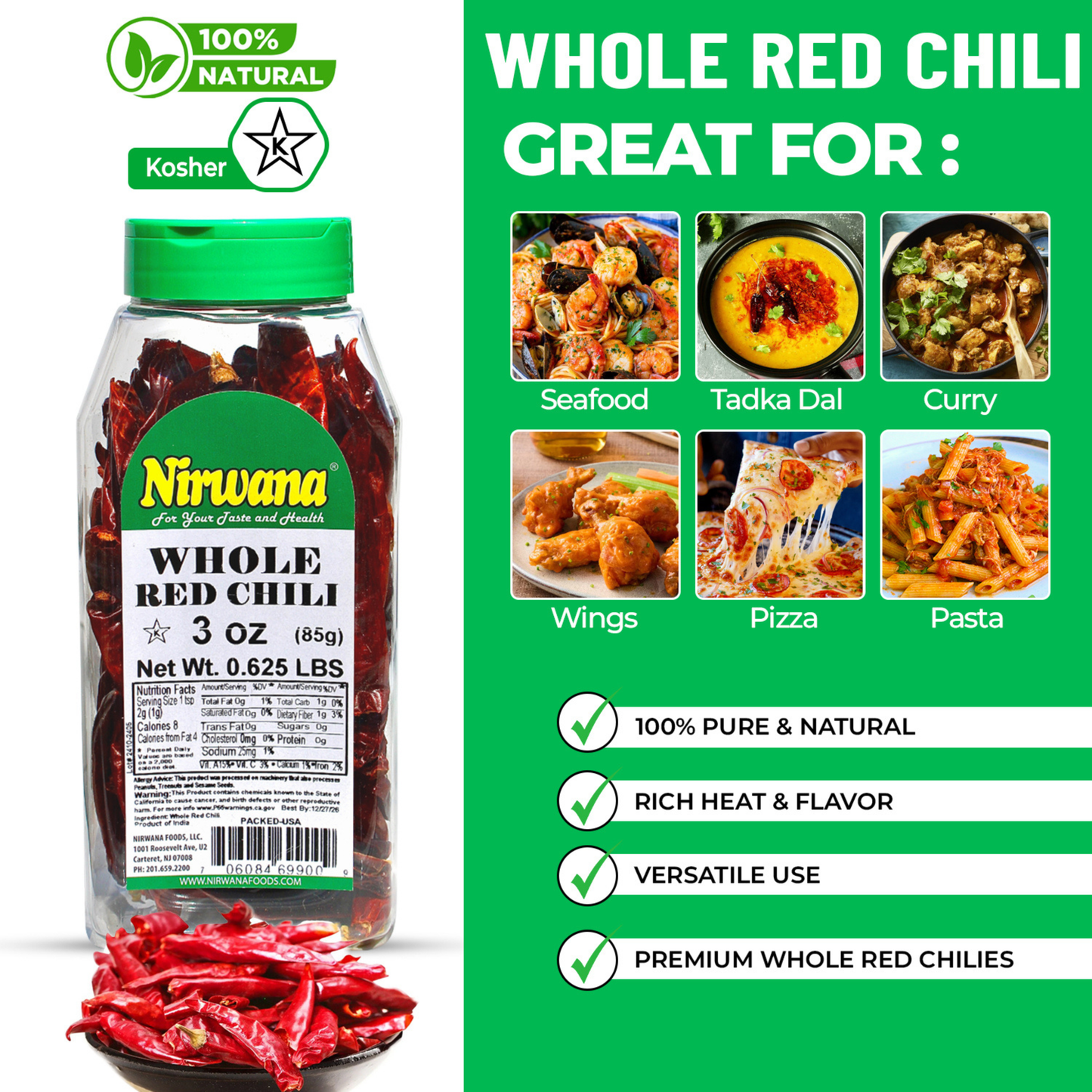 Nirwana Whole Chili – Stemless 3oz | Premium Dried Chili Peppers for Cooking & Spice Blends