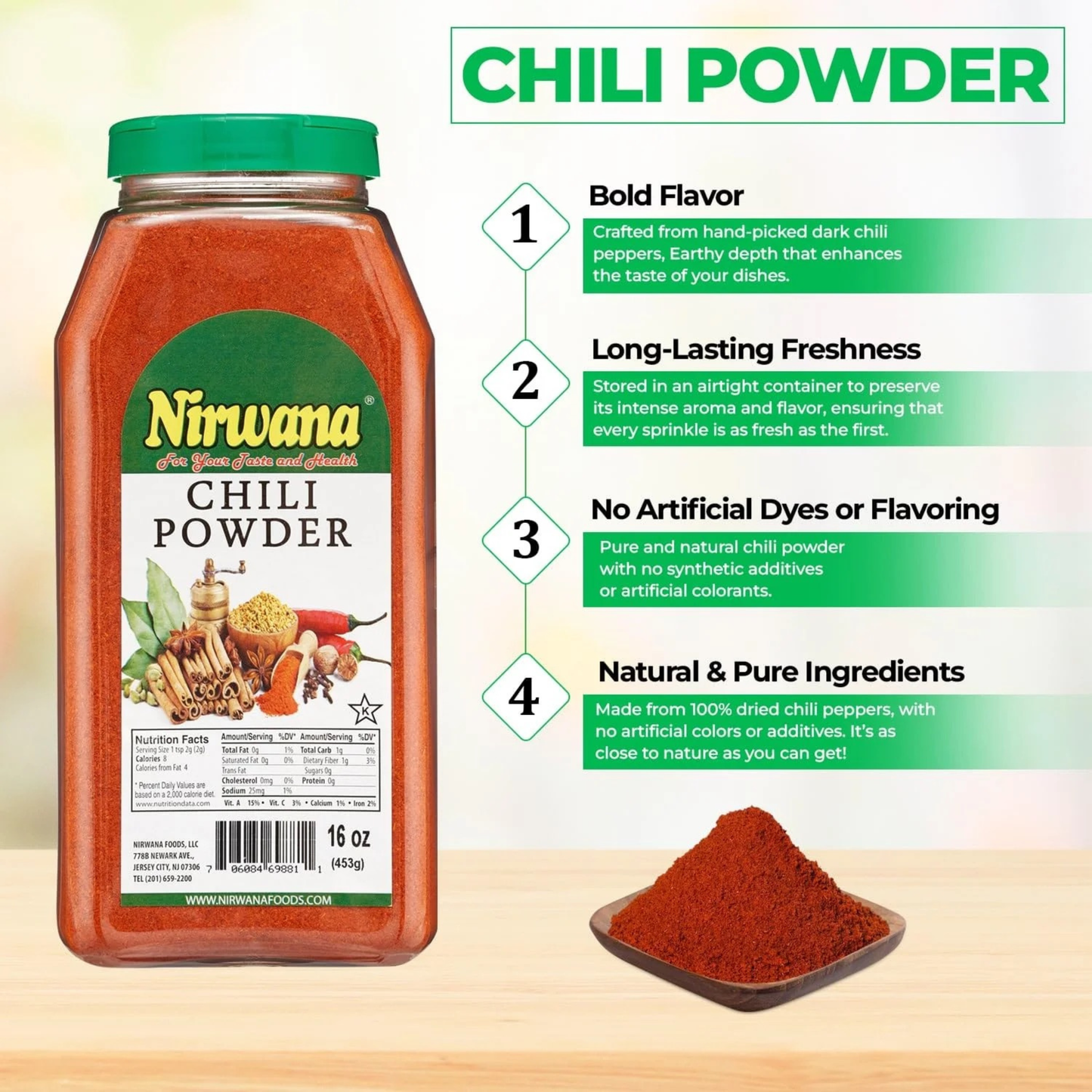 Nirwana Chili Powder – 16oz Medium Jar | Premium Ground Chili for Cooking, Seasoning & Spice Blends