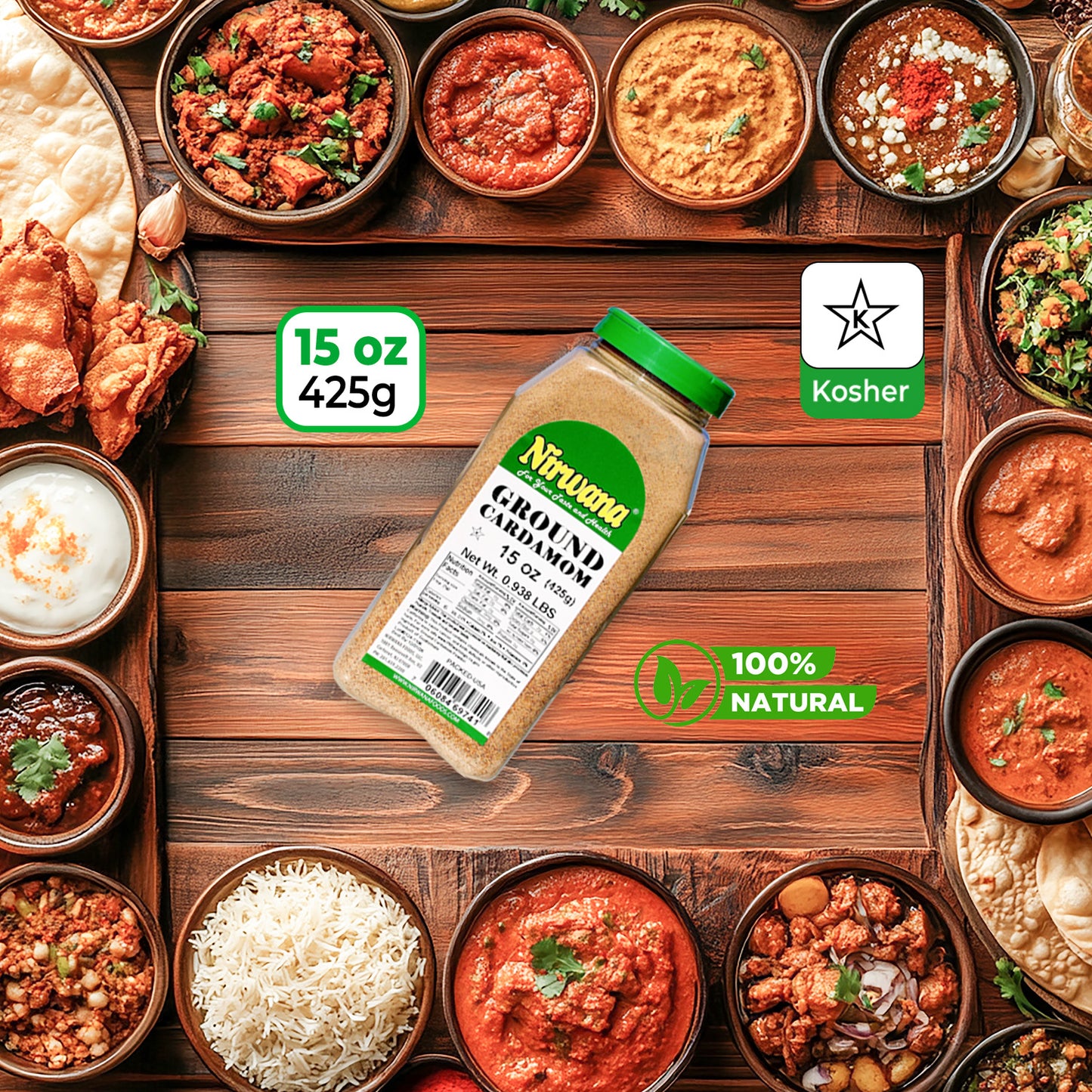 Nirwana Ground Green Cardamom – 15 oz Medium Jar | Premium Spice for Cooking & Blends