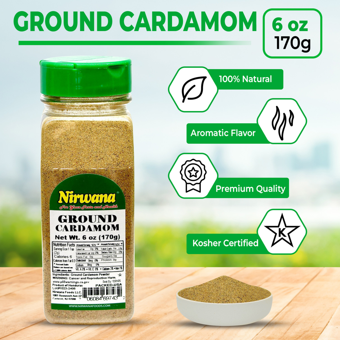 Nirwana Ground Cardamom – 6oz Small Jar | Premium Aromatic Cardamom Powder for Baking & Cooking