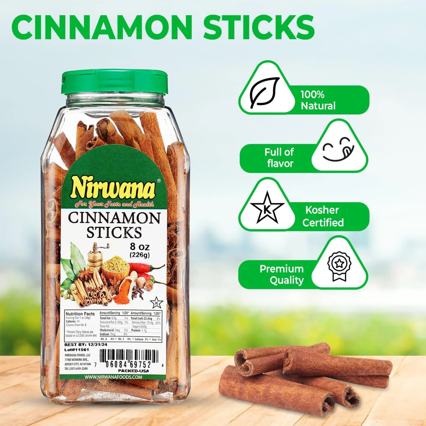 Nirwana Cinnamon Sticks – 8oz Medium Jar | Premium Whole Cinnamon for Cooking & Spice Blends