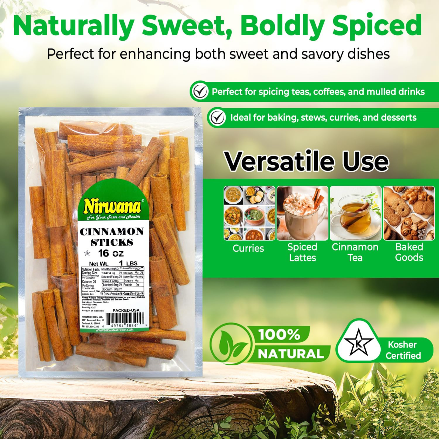 Nirwana Cinnamon Sticks – 2 3/4" | 16oz / 1lb Pouch | Premium Whole Cinnamon for Cooking & Baking