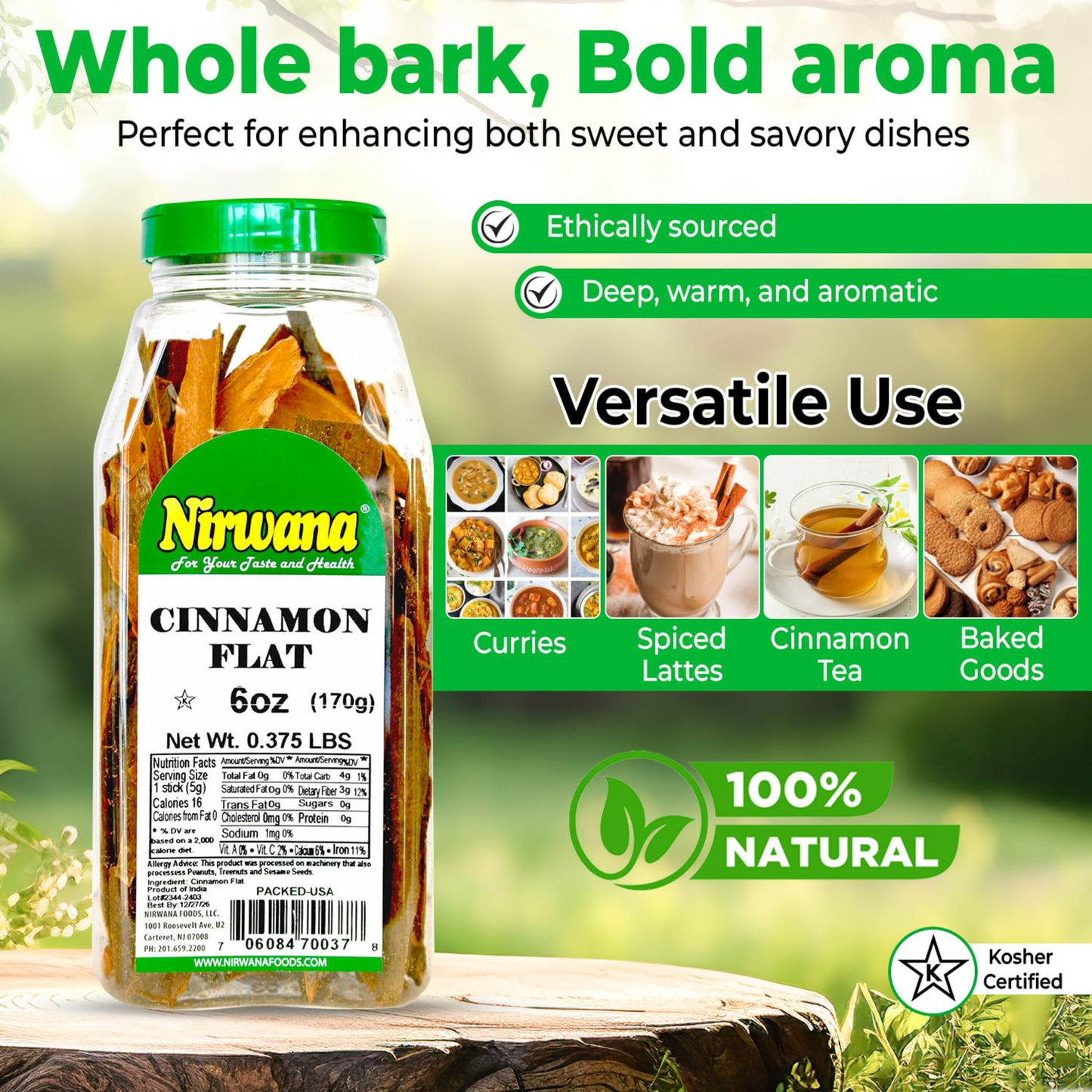 Nirwana Cinnamon Flat – 6oz Medium Jar | Premium Whole Cinnamon for Cooking & Spice Blends