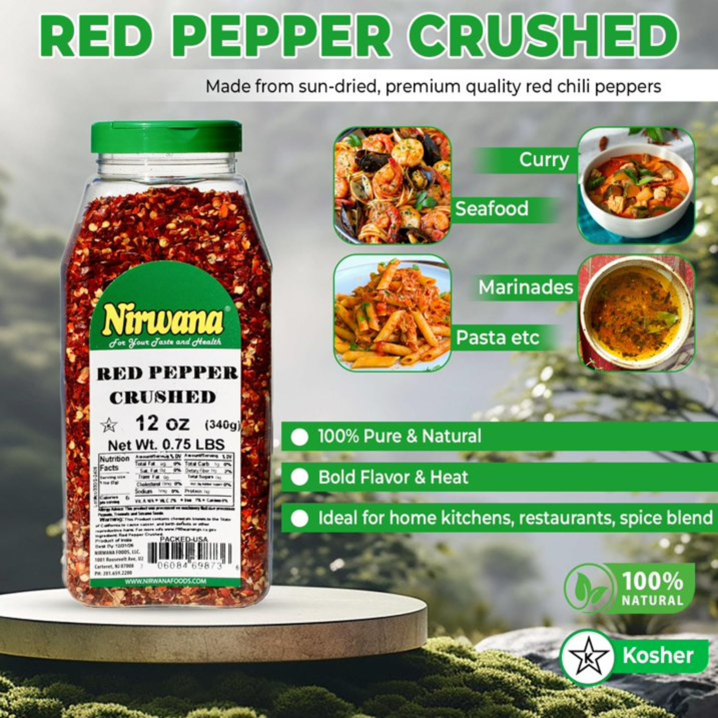 Nirwana Crushed Red Pepper – 12oz Medium Jar | Hot & Flavorful Chili Flakes for Cooking