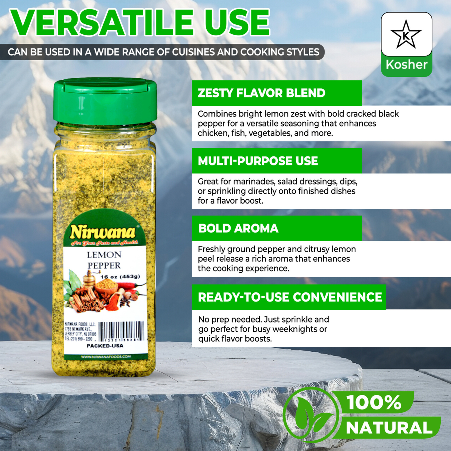 Nirwana Lemon Pepper – 16oz Jar | Premium Citrus & Pepper Spice Blend for Cooking & Seasoning