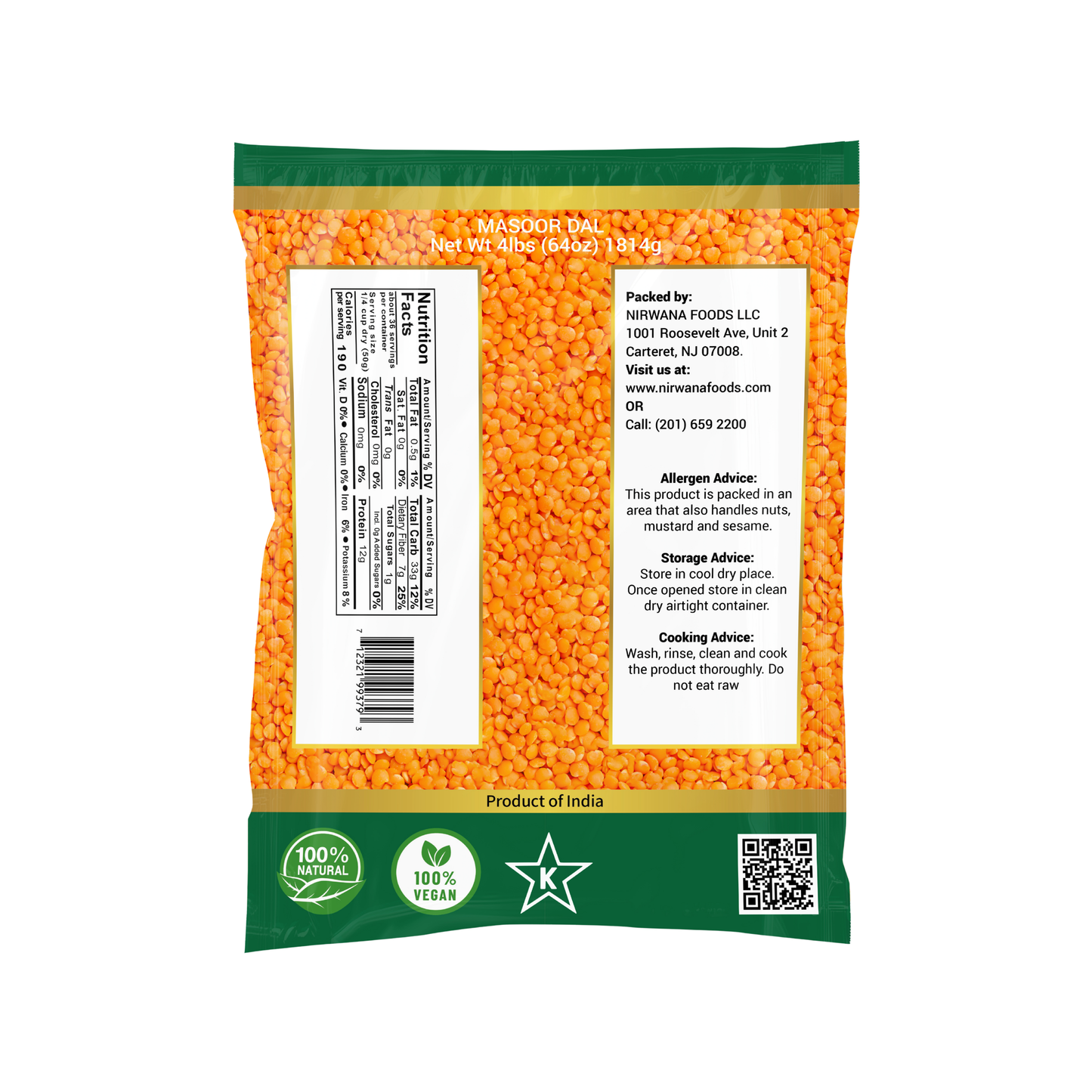 Nirwana Red Split Lentils (Masoor Dal) – 4 lbs Bag | Protein-Rich Lentils for Curries & Soups