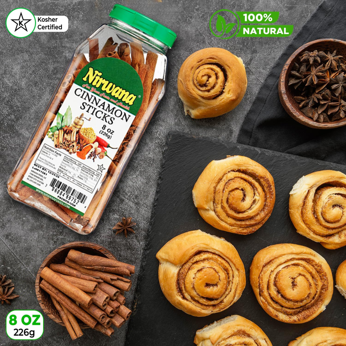 Nirwana Cinnamon Sticks – 8oz Medium Jar | Premium Whole Cinnamon for Cooking & Spice Blends