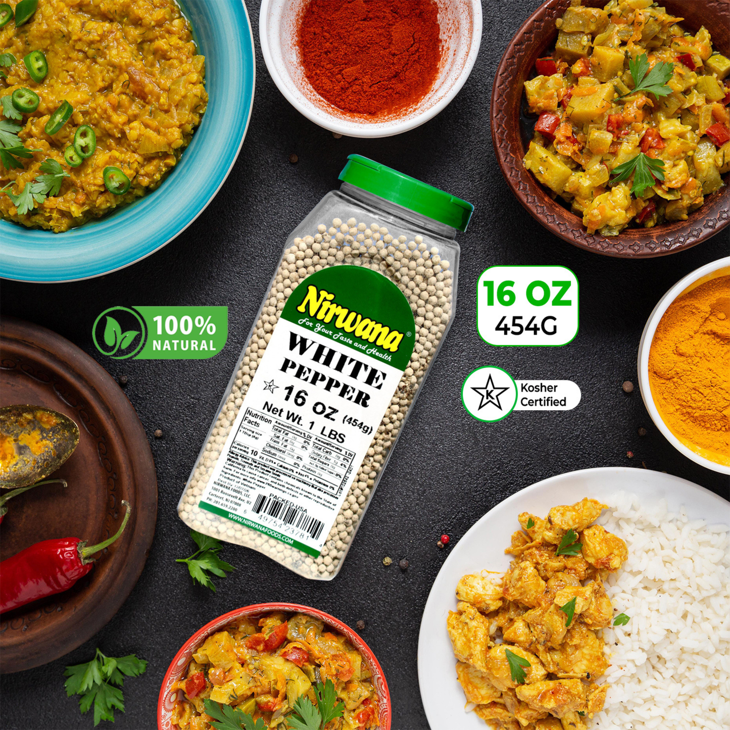 Nirwana White Pepper Whole – 16oz Medium Jar | Premium Whole White Pepper for Cooking & Spice Blends