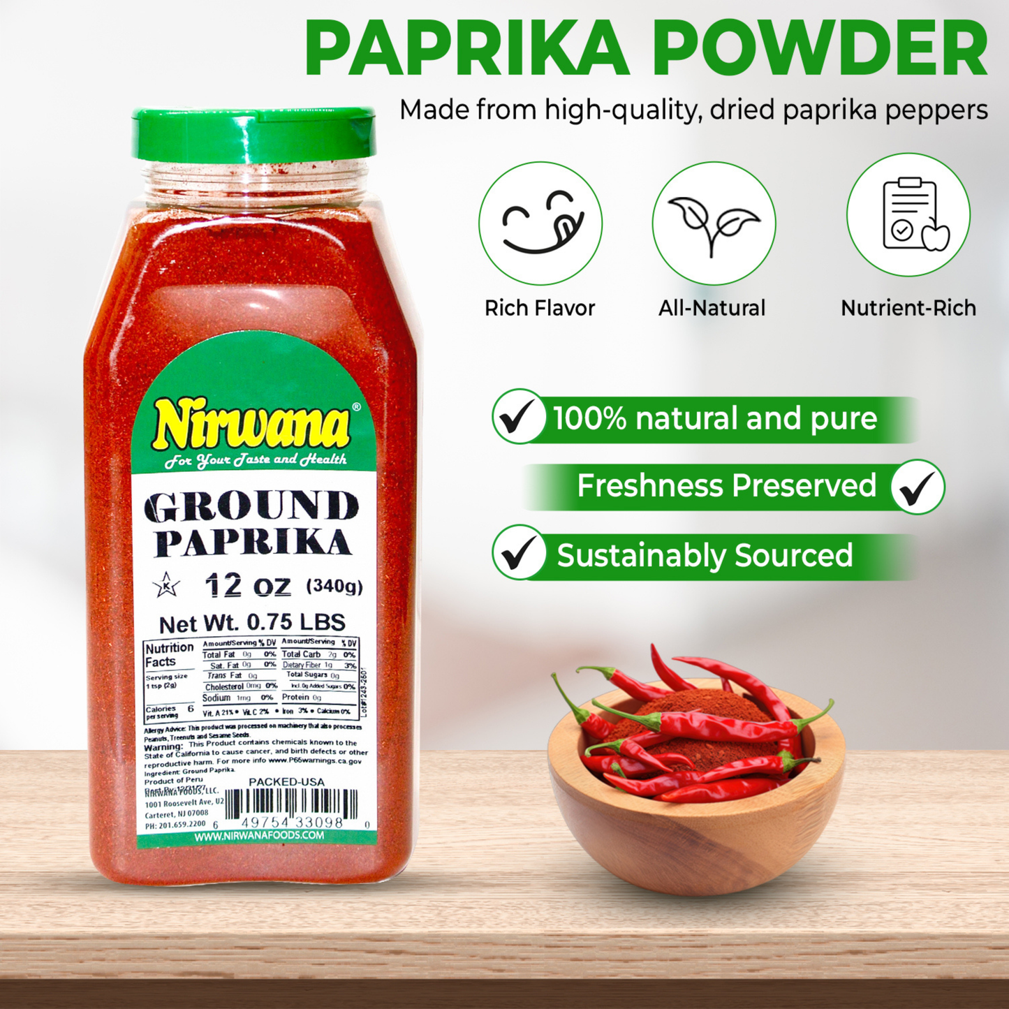 Nirwana Paprika Powder – 12oz Medium Jar | Premium Ground Paprika for Cooking & Spice Blends