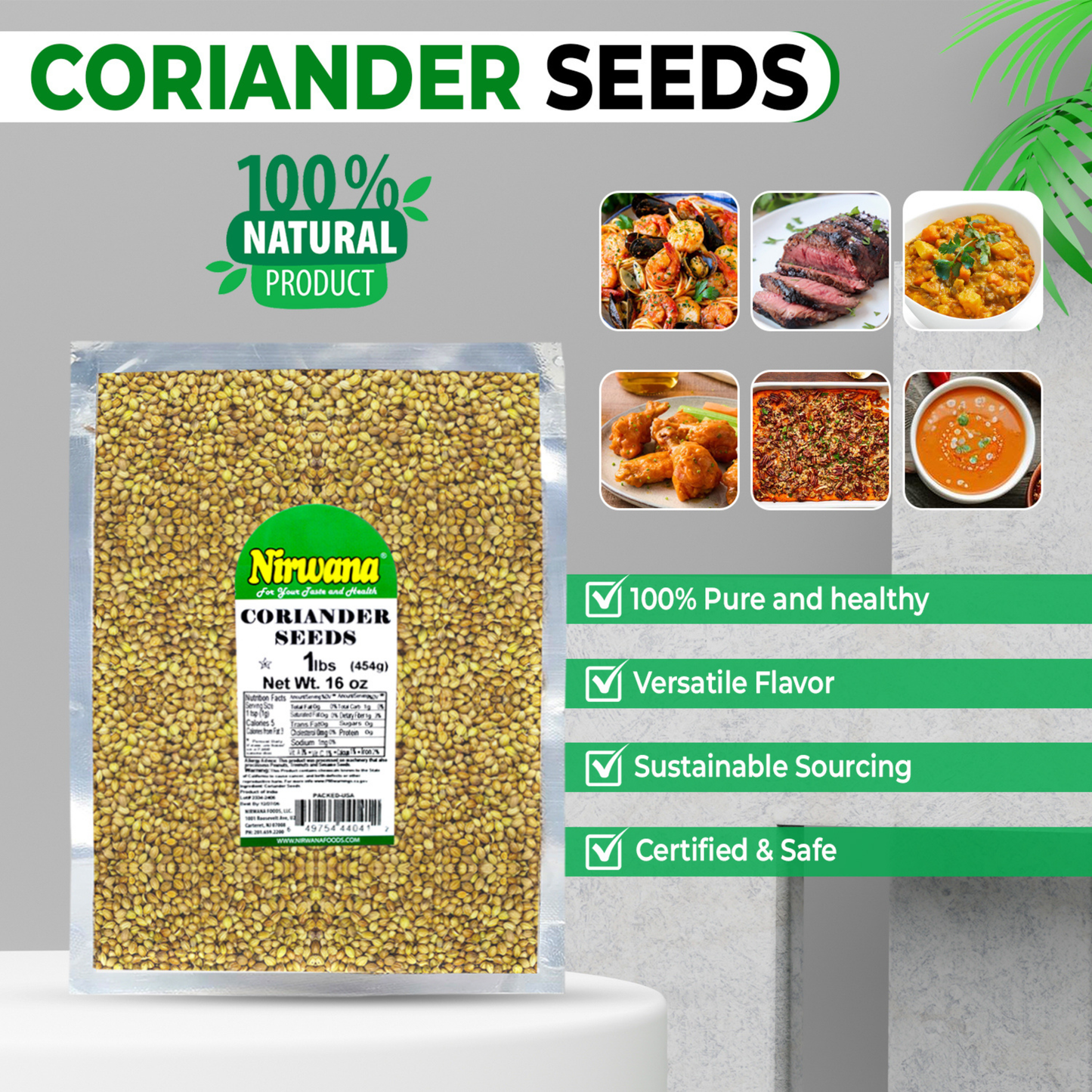 Nirwana Coriander Seeds – 16oz / 1lb Pouch | Premium Whole Coriander for Cooking & Spice Blends