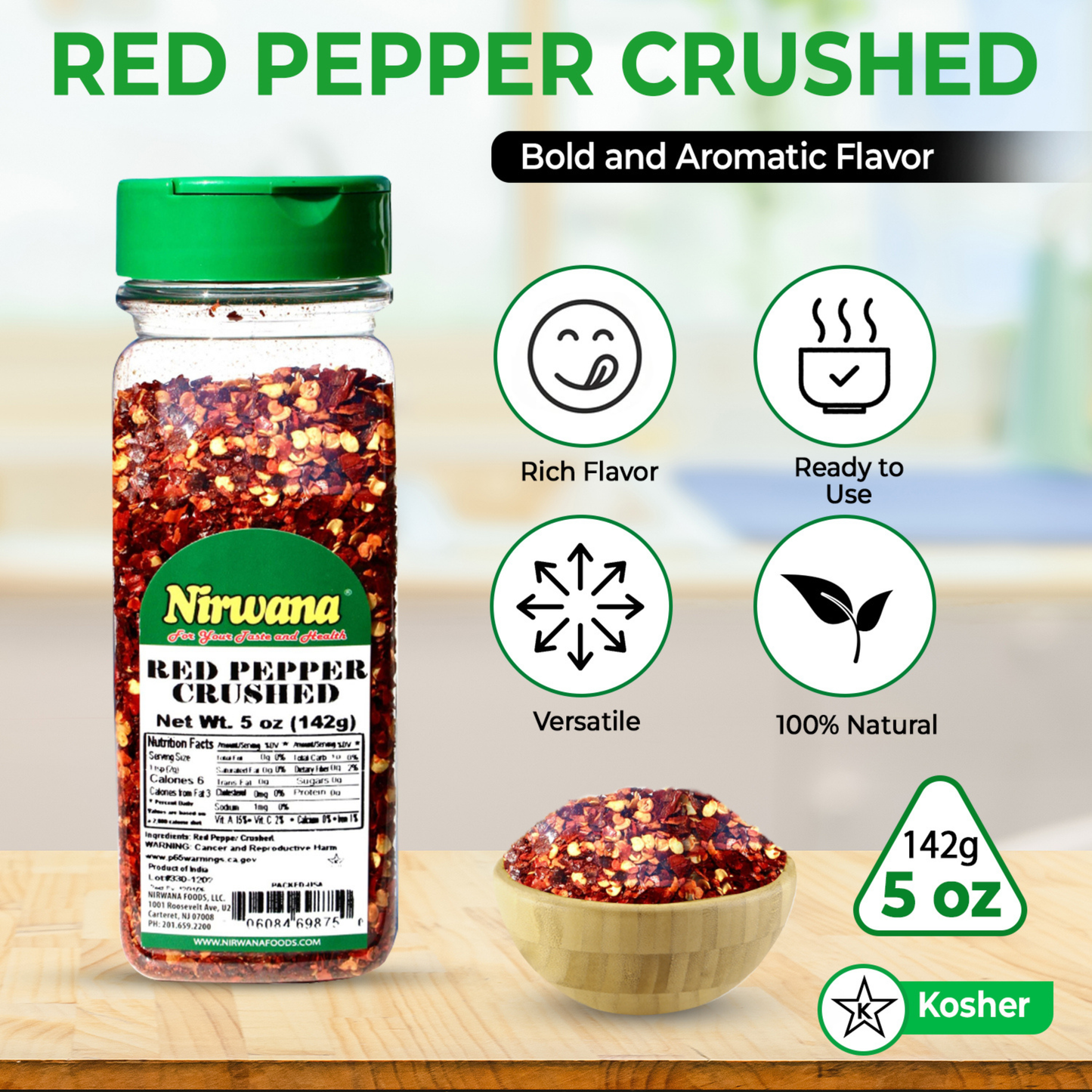 Nirwana Crushed Red Pepper – 5oz Small Jar | Premium Crushed Chili for Cooking & Spice Blends