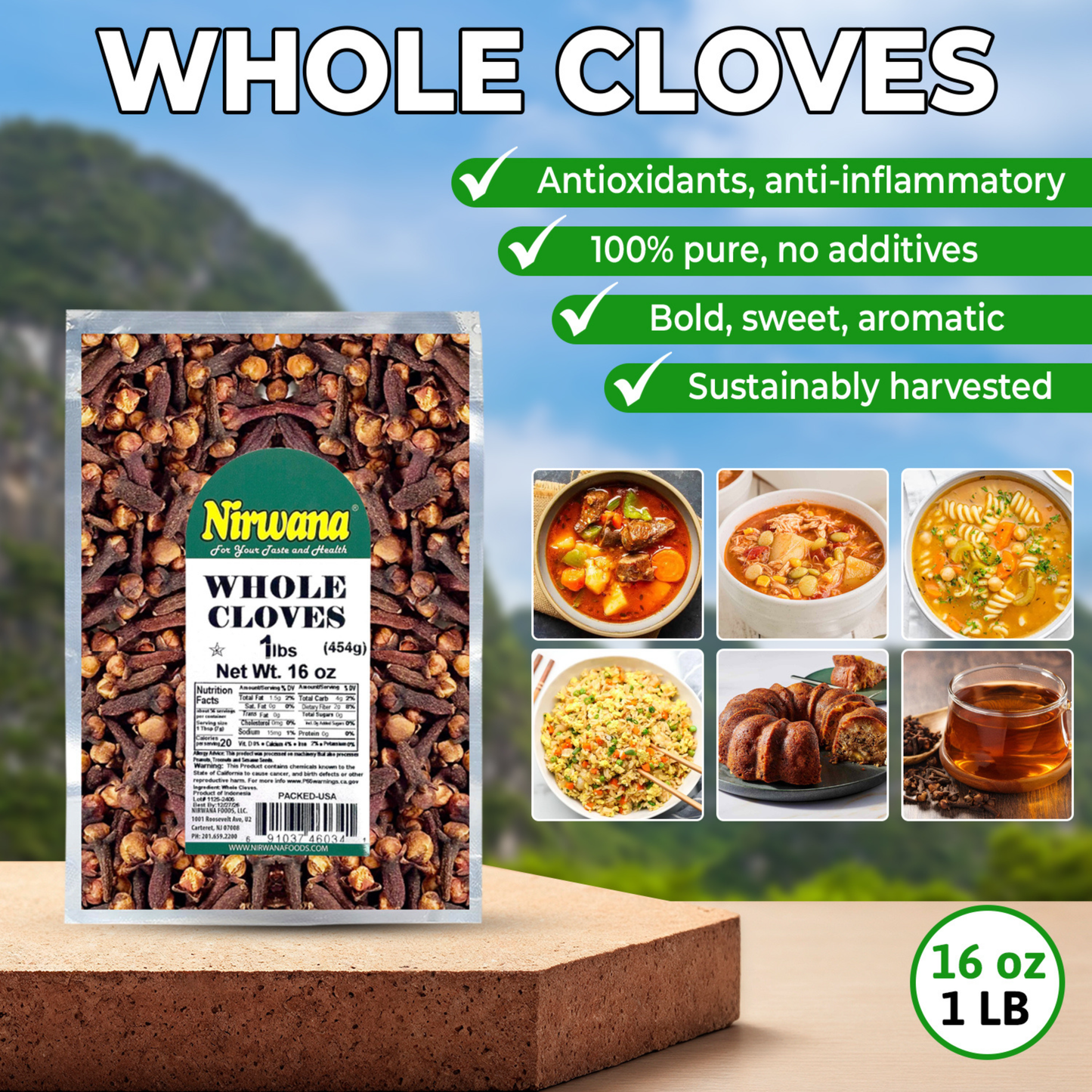 Nirwana Whole Cloves (Luang • Clavo) – 1lb / 16oz Pouch | Handpicked Big Flower Buds | Premium Aromatic Cloves for Curries, Baking & Herbal Mixes