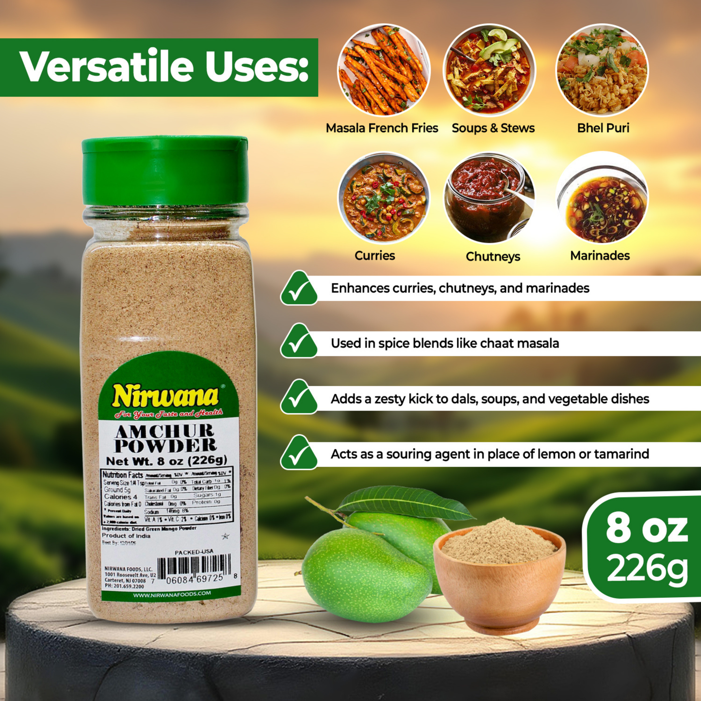 Nirwana Amchur Powder – 8oz Small Jar | Tangy, Aromatic Dried Mango Powder for Cooking & Seasoning