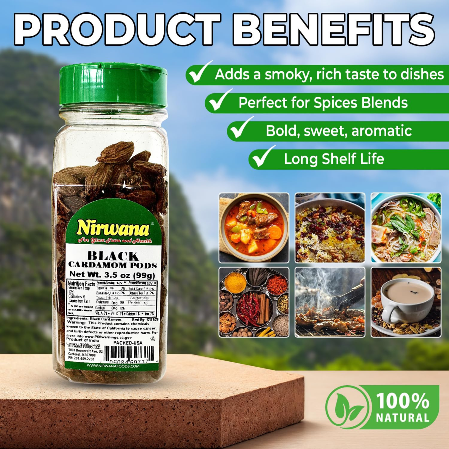 Nirwana Black Cardamom – 3.5 oz Small Jar | Premium Whole Cardamom Pods for Cooking & Spice Blends