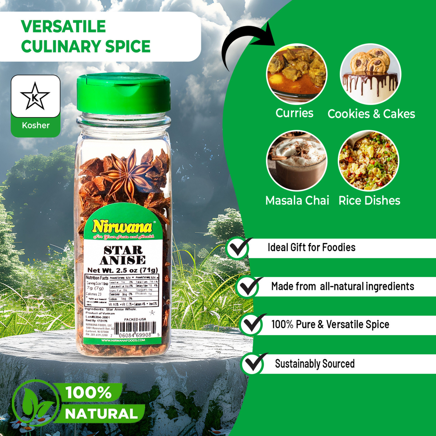 Nirwana Star Anise – 2.5oz Small Jar | Premium Whole Star Anise for Cooking & Spice Blends