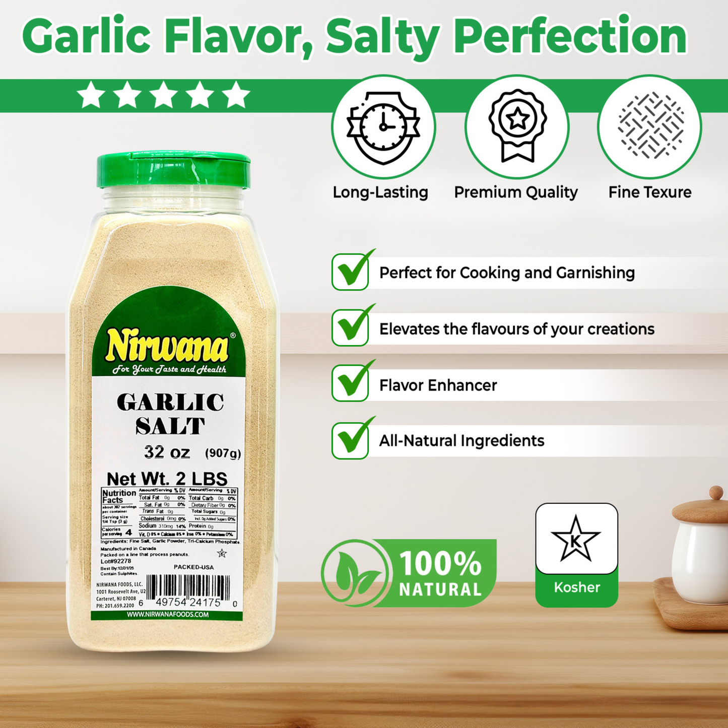 Nirwana Garlic Salt – 32oz Medium Jar | Premium Seasoning for Cooking & Flavoring