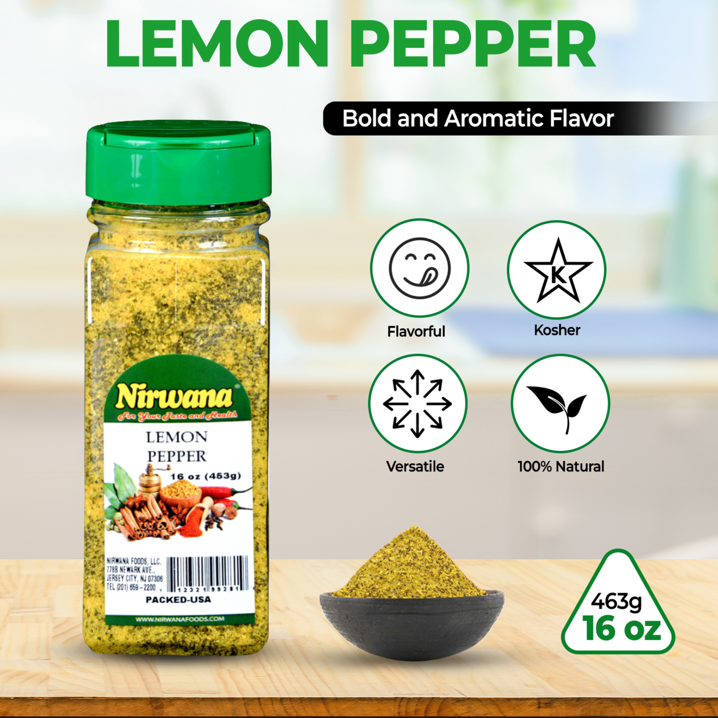 Nirwana Lemon Pepper – 16oz Jar | Premium Citrus & Pepper Spice Blend for Cooking & Seasoning