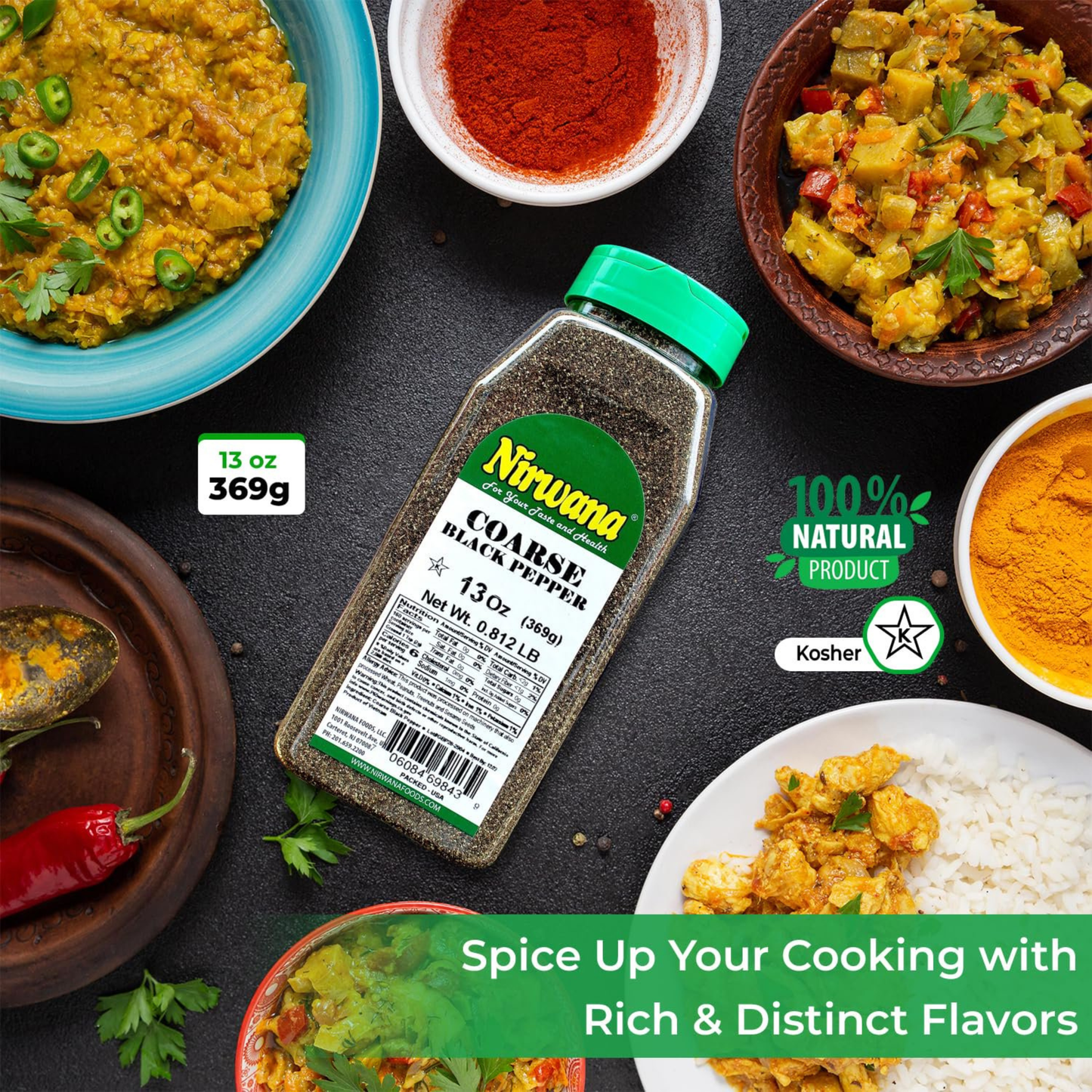 Nirwana Coarse Black Pepper – 13oz Medium Jar | Premium Cracked Black Pepper for Cooking & Seasoning