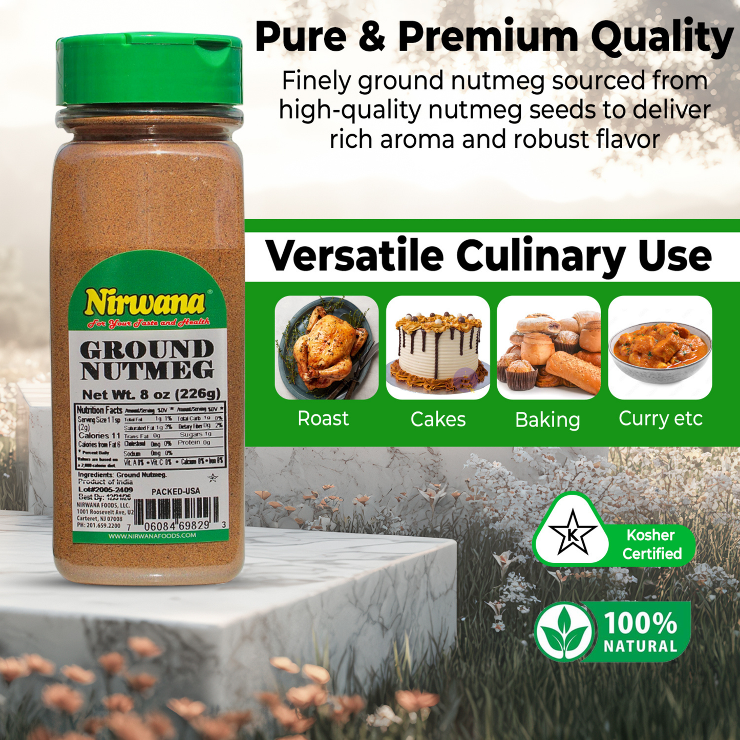 Nirwana Ground Nutmeg – 8oz Small Jar | Premium Aromatic Spice for Cooking & Baking