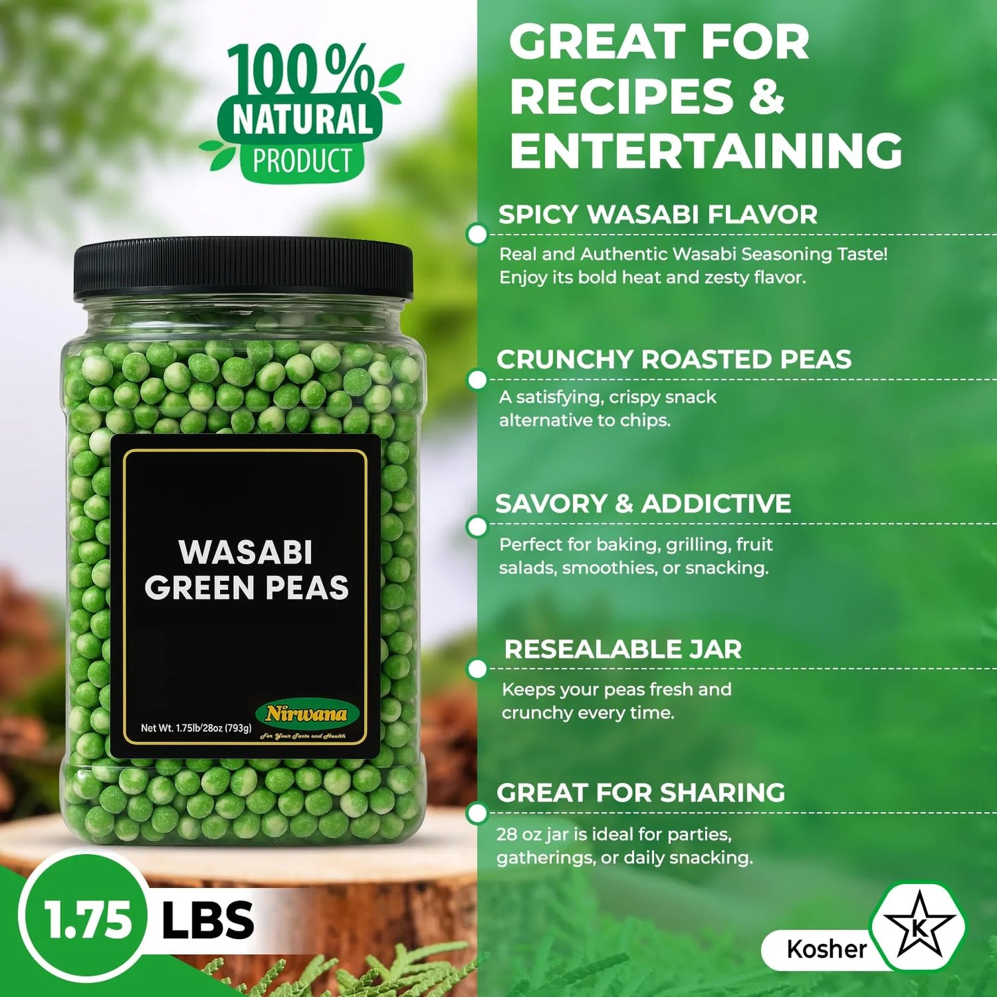 Nirwana Wasabi Green Peas – Crunchy & Spicy Snack (Large Jar)