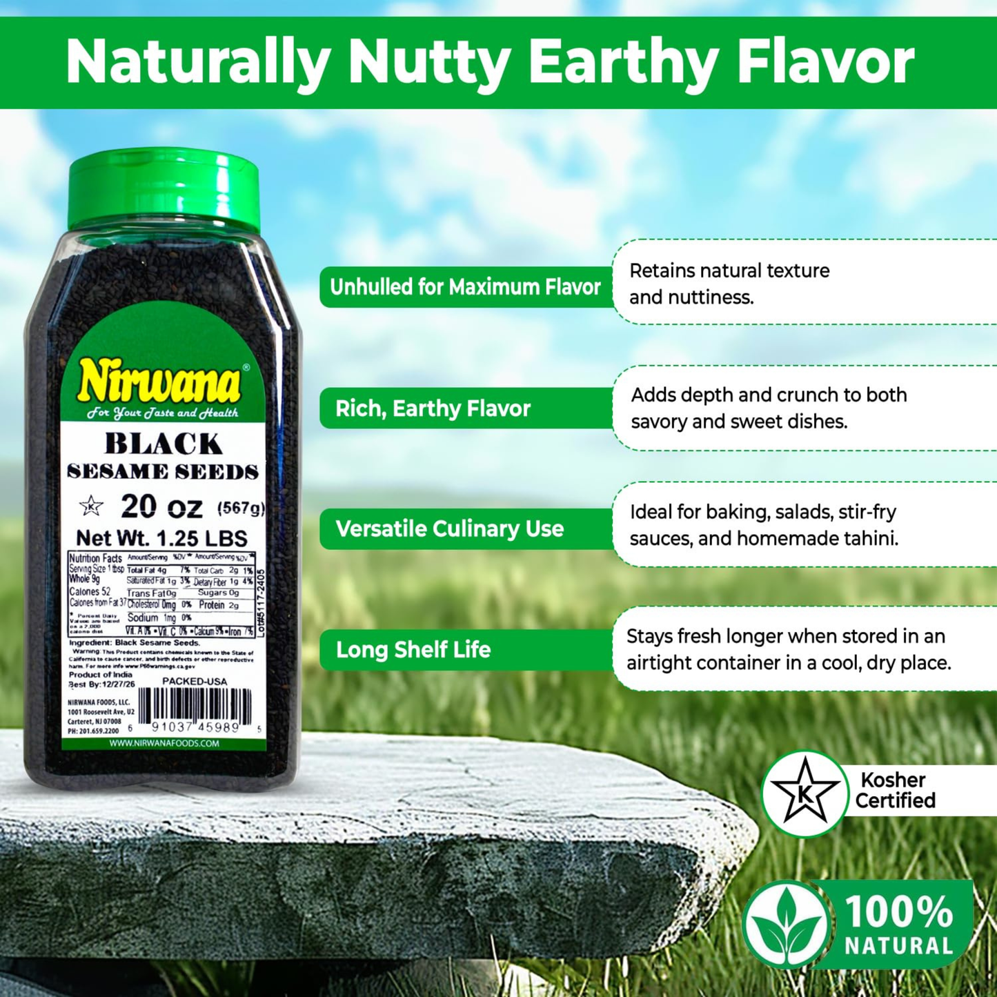 Nirwana Black Sesame Seeds – 20oz Medium Jar | Premium Whole Seeds for Cooking & Baking