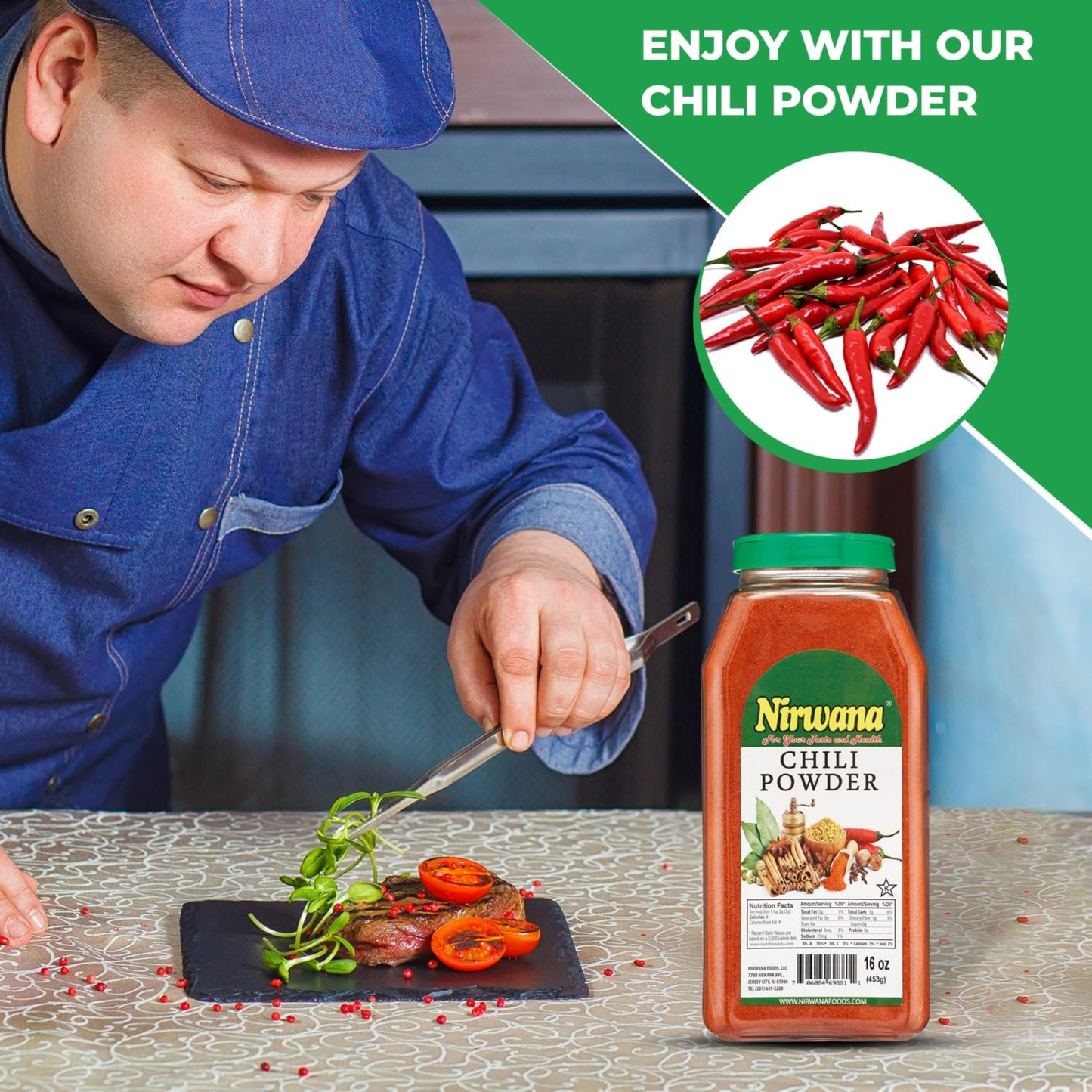 Nirwana Chili Powder – 16oz Medium Jar | Premium Ground Chili for Cooking, Seasoning & Spice Blends