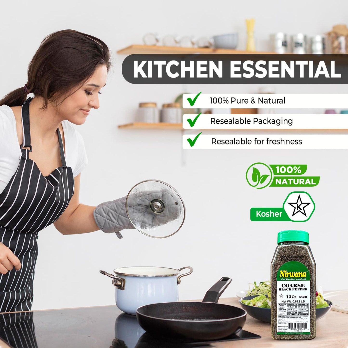 Nirwana Coarse Black Pepper – 13oz Medium Jar | Premium Cracked Black Pepper for Cooking & Seasoning