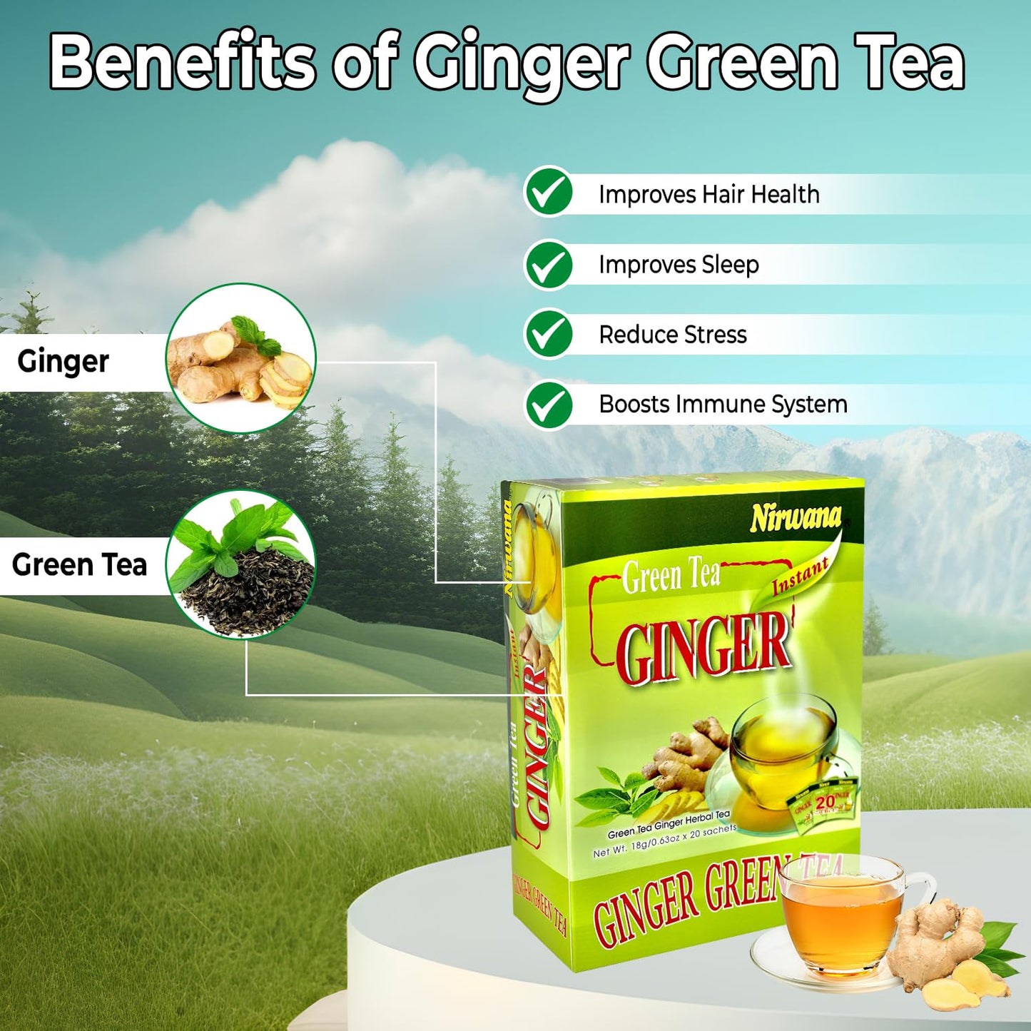 Nirwana Green Ginger Tea – 20 Instant Tea Sachets | Herbal Immune-Boosting Drink