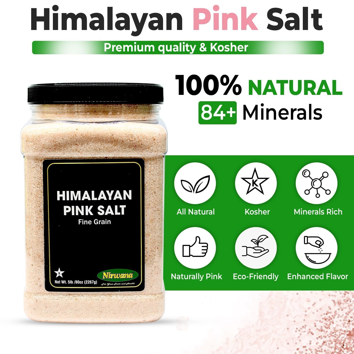 Nirwana Himalaya Pink Salt Fine - Plastic Jar - Sourced From the richest mineral mines in the Himalayan Mountains! – Flaky, & Mineral-Rich – Compatible with Spice Grinders & Salt Shakers 5lb