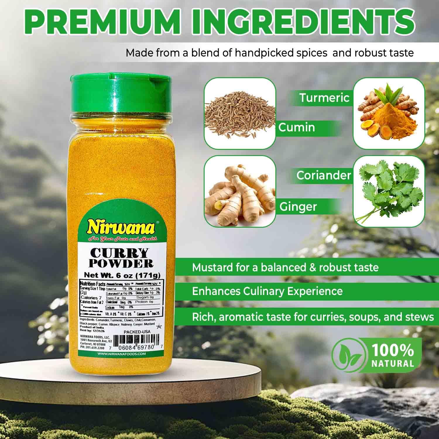 Premium Curry Powder – Gluten-Free, Vegan, and Non-GMO – Perfect for Cooking with Chicken, Shrimp, Tofu, and Vegetables – Adds Flavor to Soups, Snacks, and Meals 6 oz Jar by Nirwana