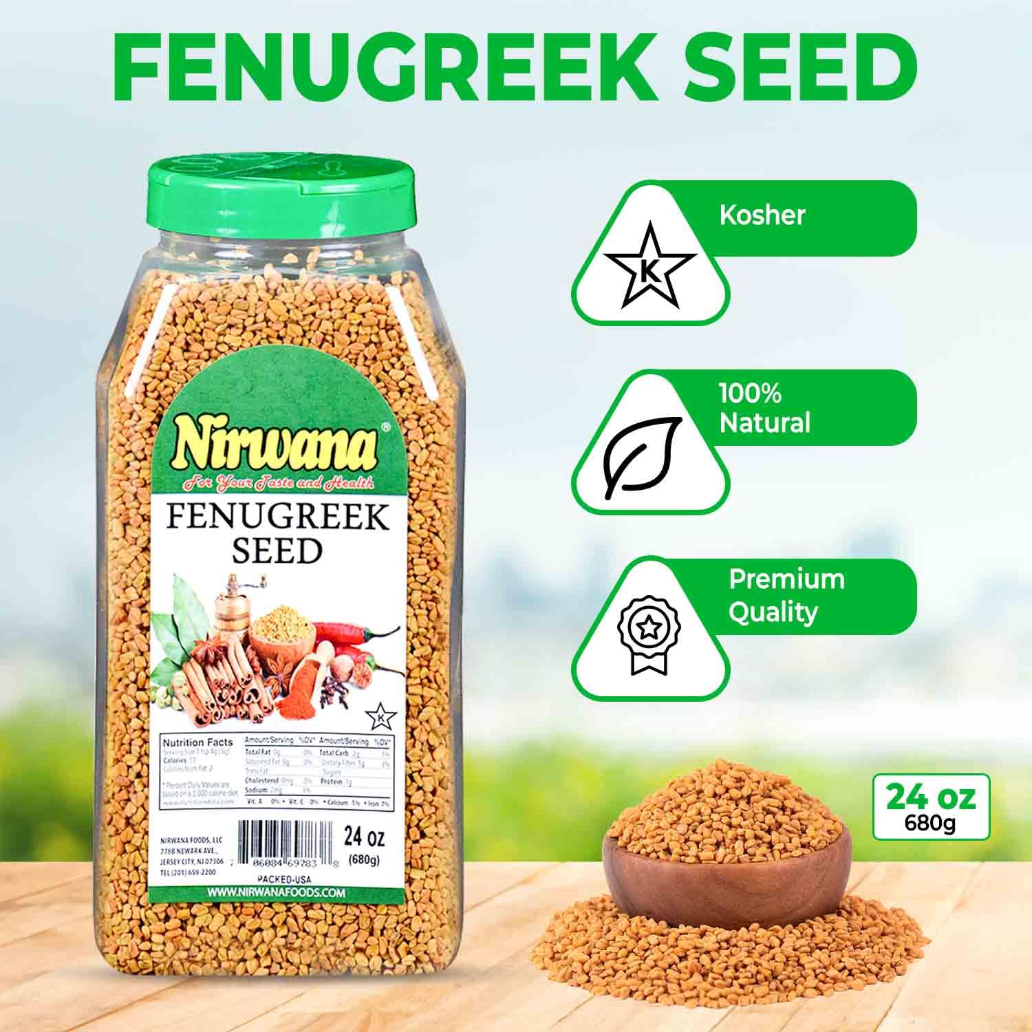 Fenugreek Seeds | Perfect for Cooking, Spice Blends, Herbal Tea, & Wellness Jar by Nirwana - 24 oz - All natural free from any preservatives or chemicals