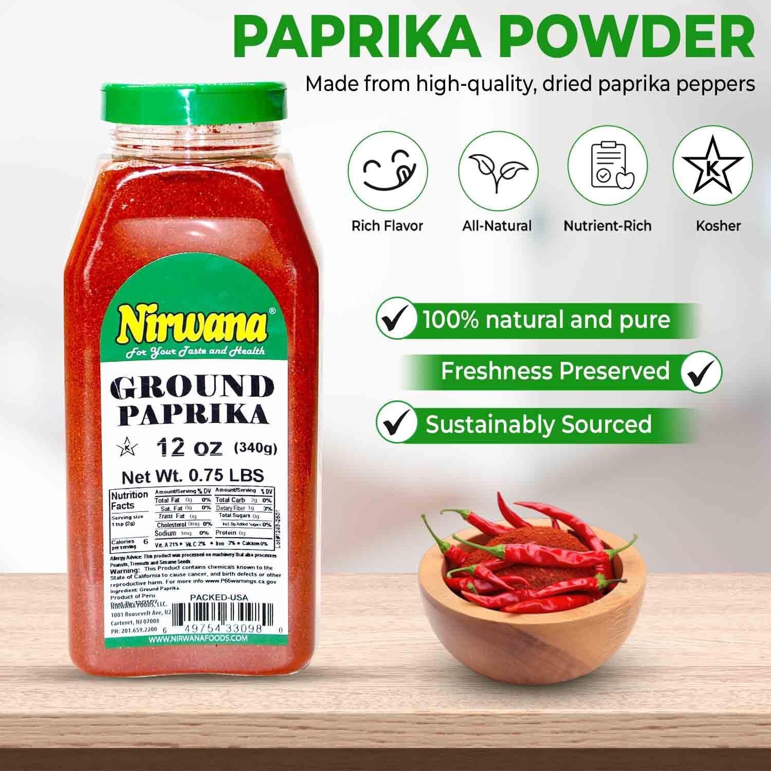 Premium Paprika – Bold, Smoky Flavor for Cooking and Seasoning – Perfect for Stews, Grilled Meats, and Vegetables – Essential Spice Rack Staple Jar By Nirwana - 12oz
