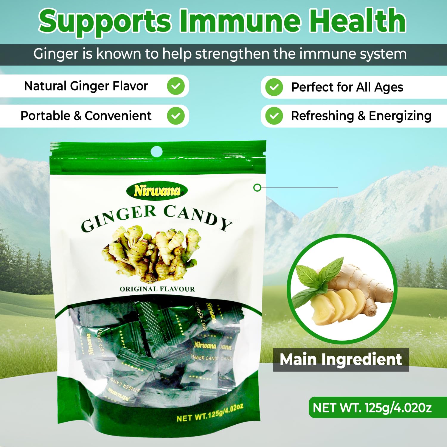 Nirwana Ginger Candy – Individually Wrapped for Nausea Relief, Freshness & Motion Sickness Support – Bulk Candy for Travel, Pregnancy, and Everyday Enjoyment 125G/4.02 oz Original Flavour (1pack)