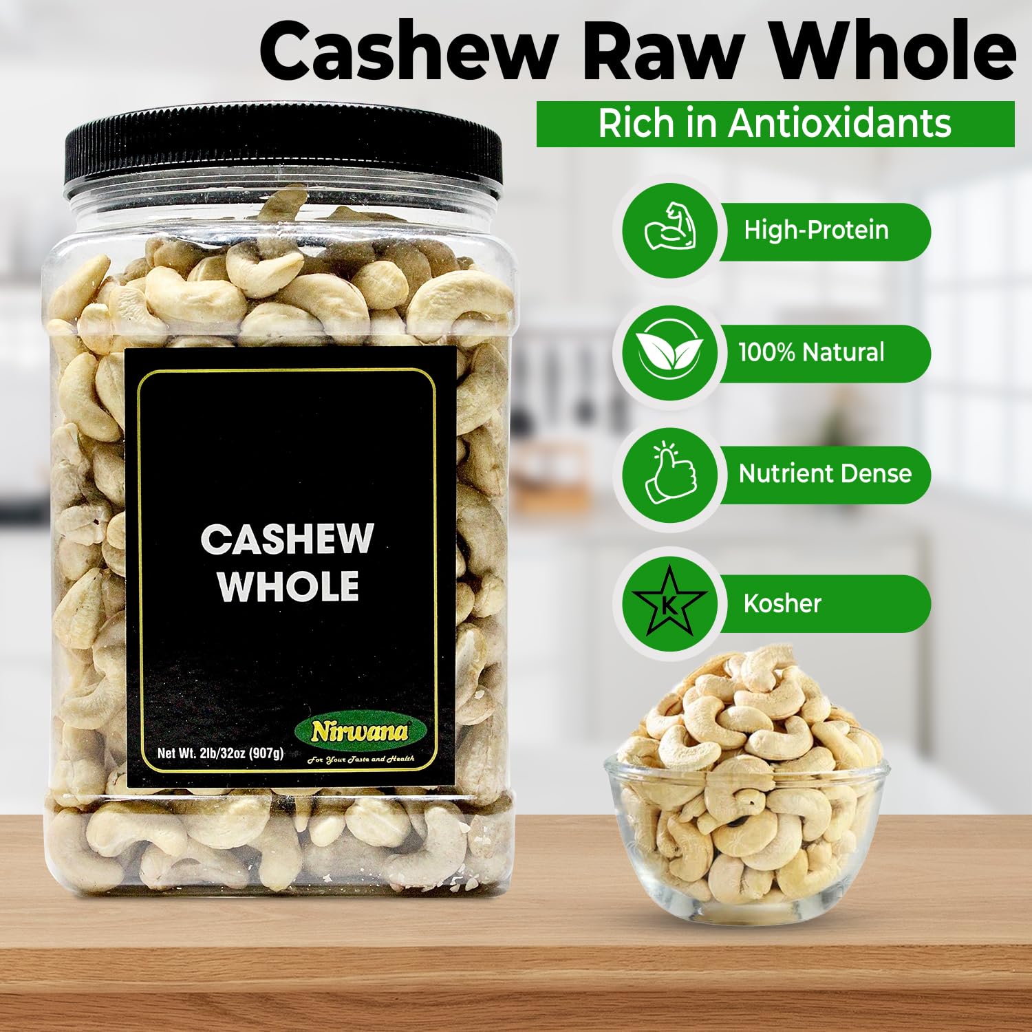 Raw Cashew – Premium Whole Nuts, Unsalted | Perfect for Snacks, Baking, and Dairy-Free Recipes | Keto-Friendly, High in Protein | 32 oz by Nirwana